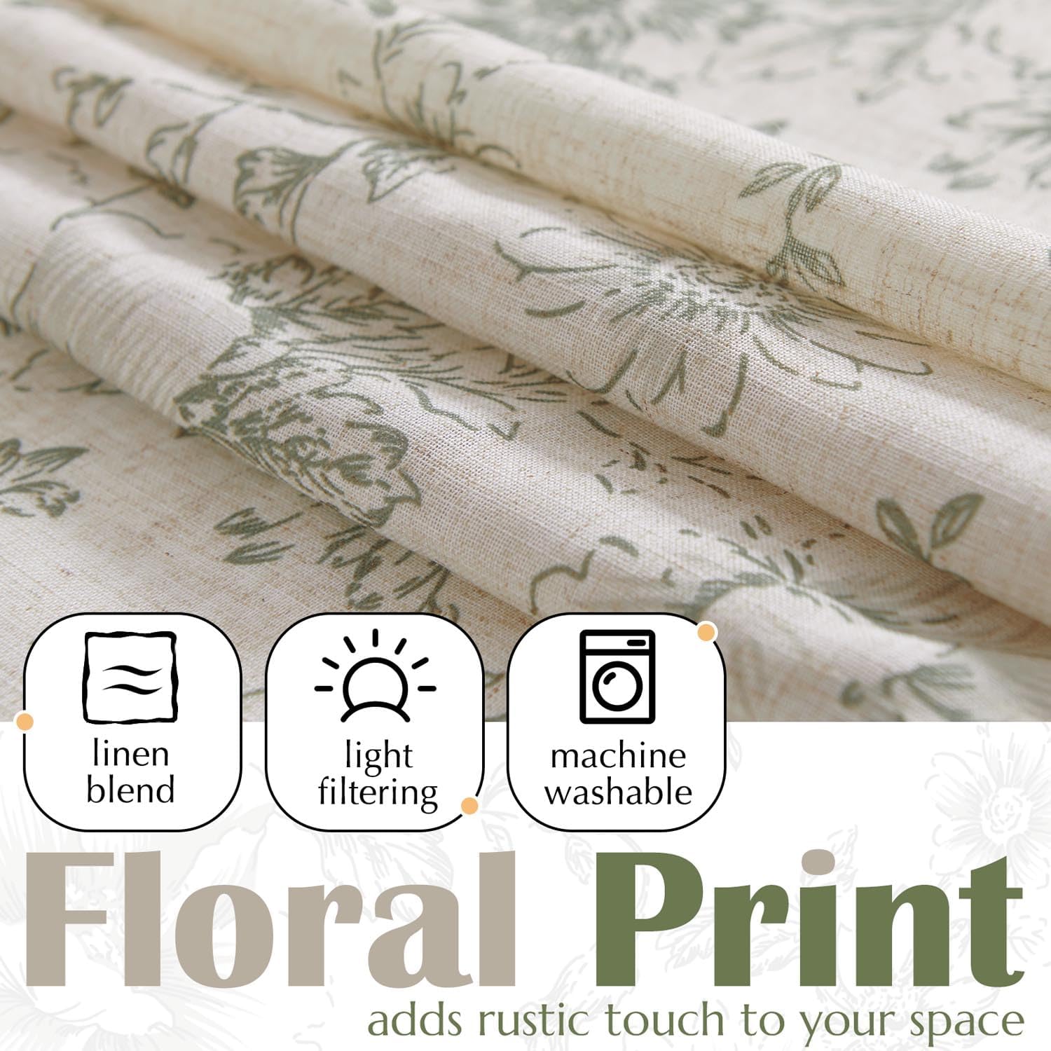 jinchan Linen Floral Valance Double Layer Kitchen Window Curtain Green Flower on Beige Valance for Living Room Cafe Farmhouse Light Filtering Rustic French Country Sage 18 Inch Rod Pocket 1 Panel