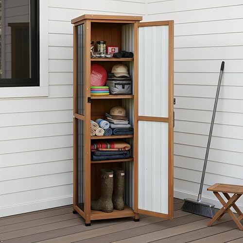Miniatura 3 de Armario de almacenamiento estrecho para exteriores de 62 pulgadas de alto con parte superior de metal, unidad de almacenamiento de cobertizos para