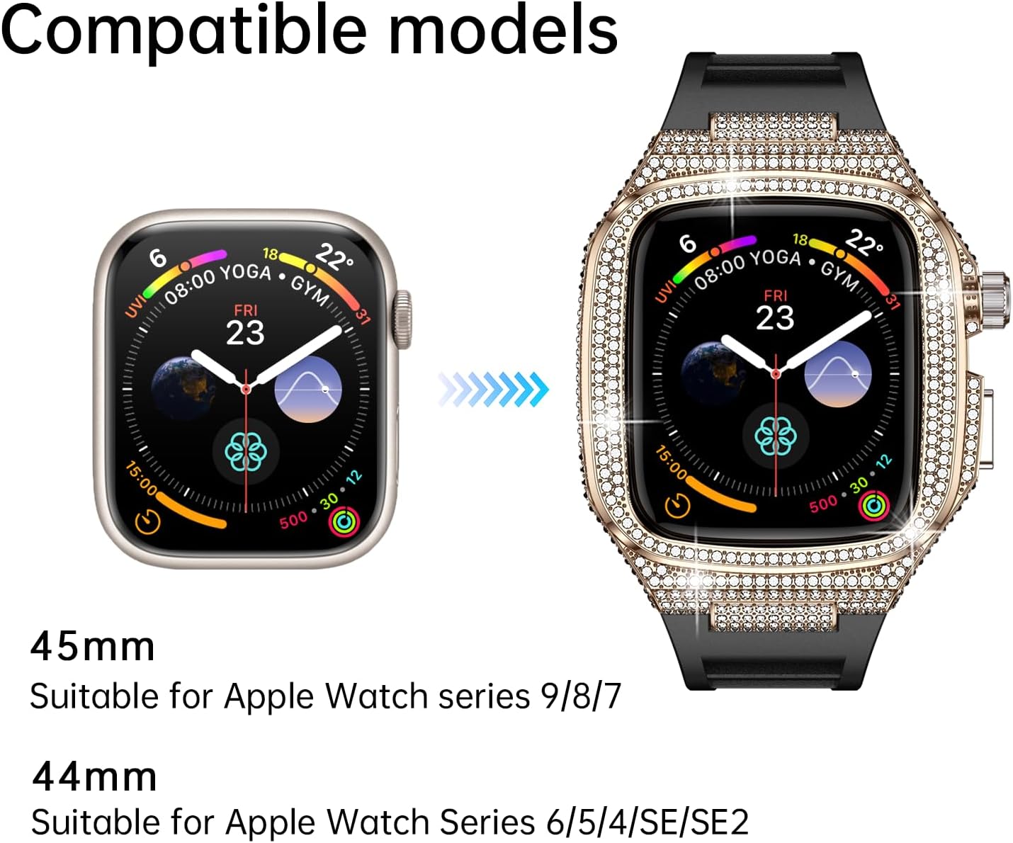 Bling Diamond Case with Band for Apple Watch 44mm, Compatible with Iwatch Series 6 5 4, SE3 2 1, Gold Rose Case and Correa Para Apple Watch for Women, Luxury Apple Watch Band for Man