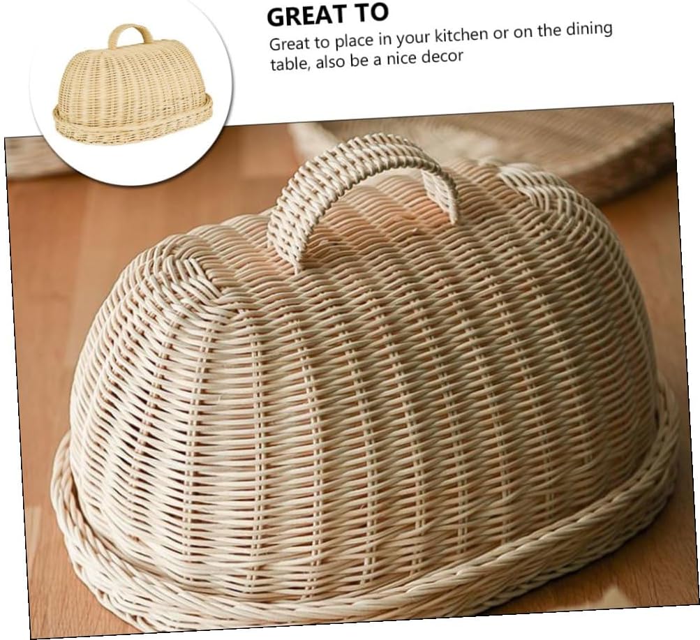Rattan Food Cover and Bread Storage Tray Set, Woven Kitchen Fruit Cover Dome, White Rattan Protective Basket for Food and Bread Storage, Suitable for Kitchen and Dining Use