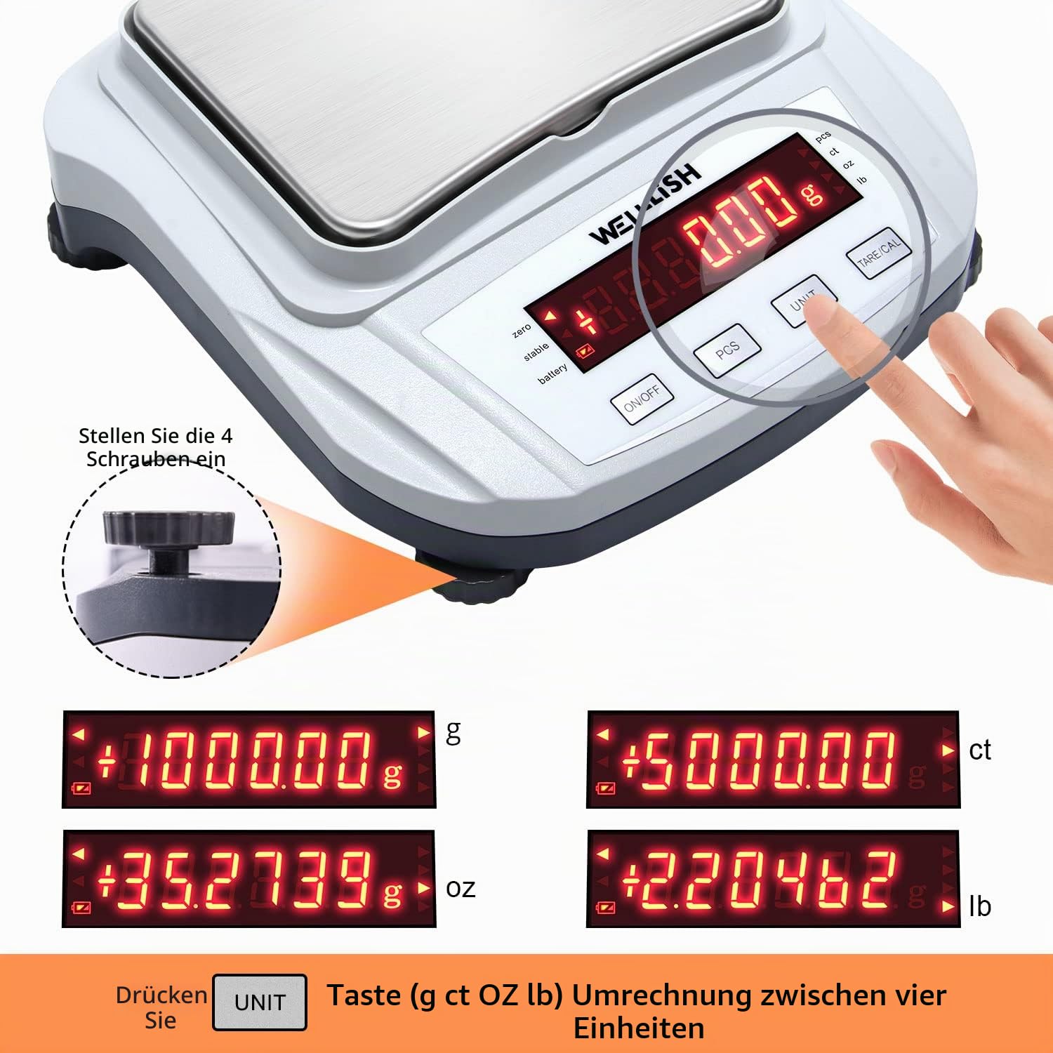 WELLiSH Präzisionswaage 2000gx0.01g Digitale Analysenwaage Elektronische Waage mit LCD-Anzeige