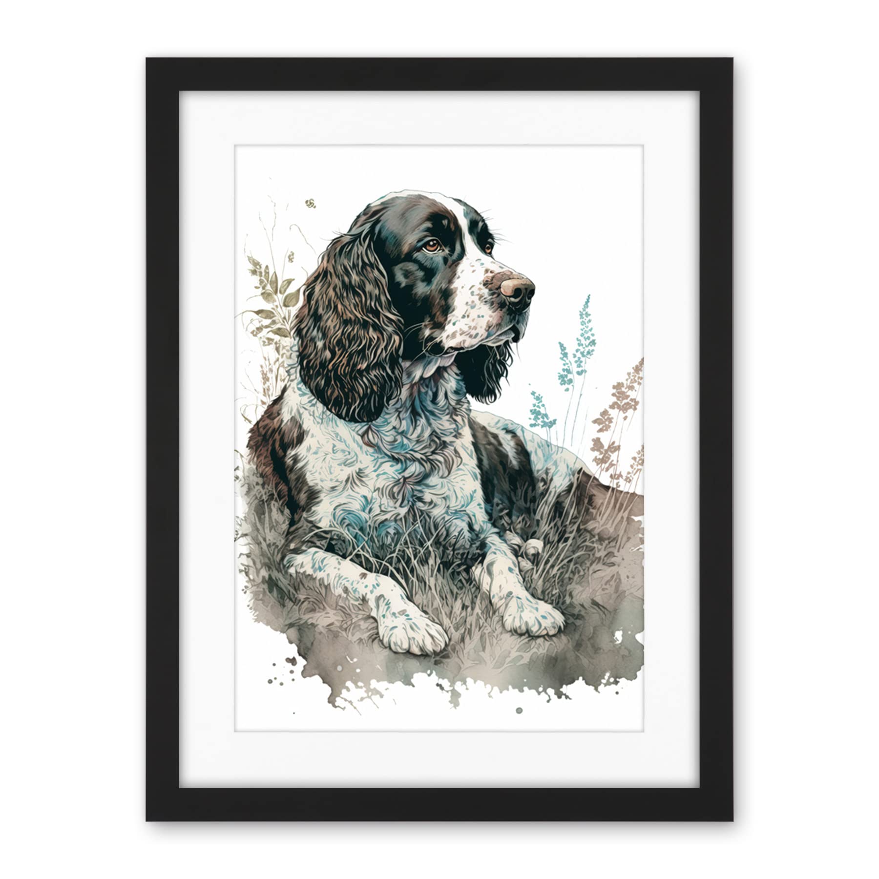 Artery8 English Springer Spaniel Dog Lying in Field Modern Watercolour Illustration Artwork Framed Wall Art Print 18X24 Inch