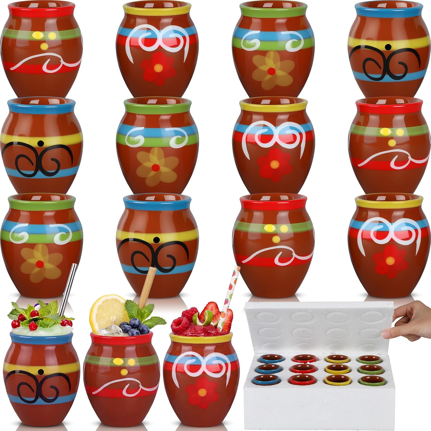 Gejoy 12pcs 3oz Cantaritos De Barro Mexicanos Mini Clay Shot Cup, 4 Style