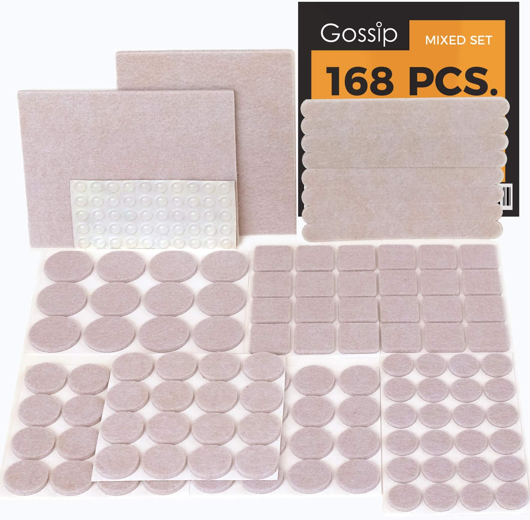 GOSSIP Felt Furniture Pads Beige - Set 168 Pcs Value Pack, Heavy Duty Adhesive Felt Pads for Furniture Feet to Protect Hardwood Flooring, Assorted Sizes with Noise Dampening Clear Bumper