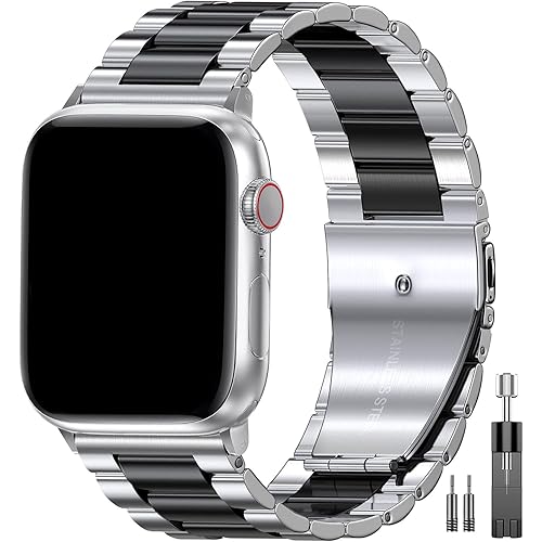 EPULY Compatible with Apple Watch Band 42mm 44mm 45mm 38mm 40mm 41mm, Business Stainless Steel Metal Wristband for iWatch SE & Series 7 6 5 4 3 2 for Men (Silver+Black, 45mm 44mm 42mm)