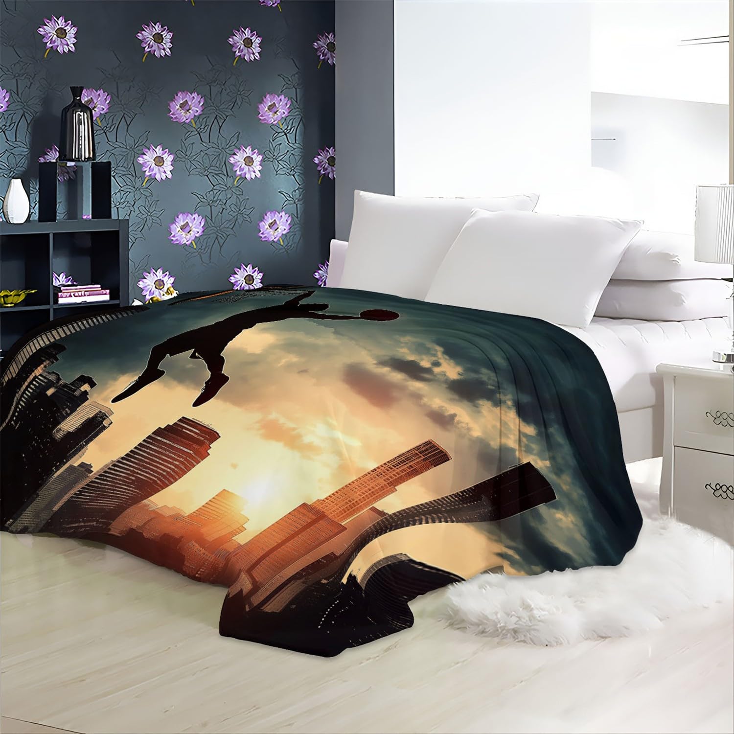 Koc z miękkiego polaru Koszykarz Sylwetka Przytulny Zimowy Jesień Sofa Szary Koc Z Mikrofibry Puszysty, do łóżka Salon Dzieci i Dorośli 150 X 200 cm