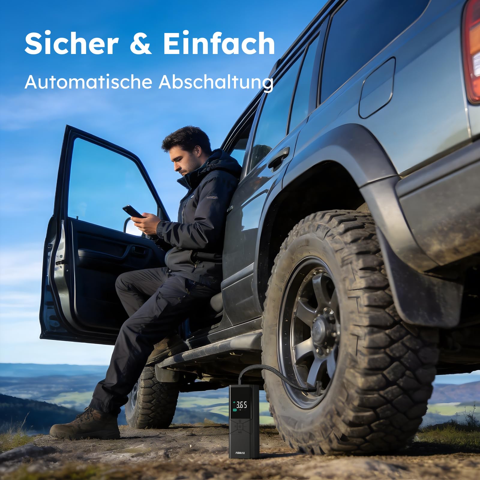 ASMAX T40 Elektrische Luftpumpe 6000mAh, Akku-Kompressor 150 PSI/10,3 Bar | 25L/min Schnellaufpumpen, LED-Licht, Digitaler Reifendruckmesser, Tragbare Fahrradpumpe für Auto, Motorrad, Fahrrad und Bälle