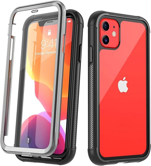 Temdan Compatible with iPhone 11 Case, Full Body with Built-in Screen Protector Heavy Duty Protection Shockproof Slim Fit Cover for iPhone 11 (2019) 6.1 Inch - Black/Clear