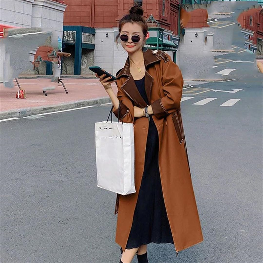 Women Spring Autumn Double-Breasted Long Hit Color Loose Fit Bandage Trench Coat