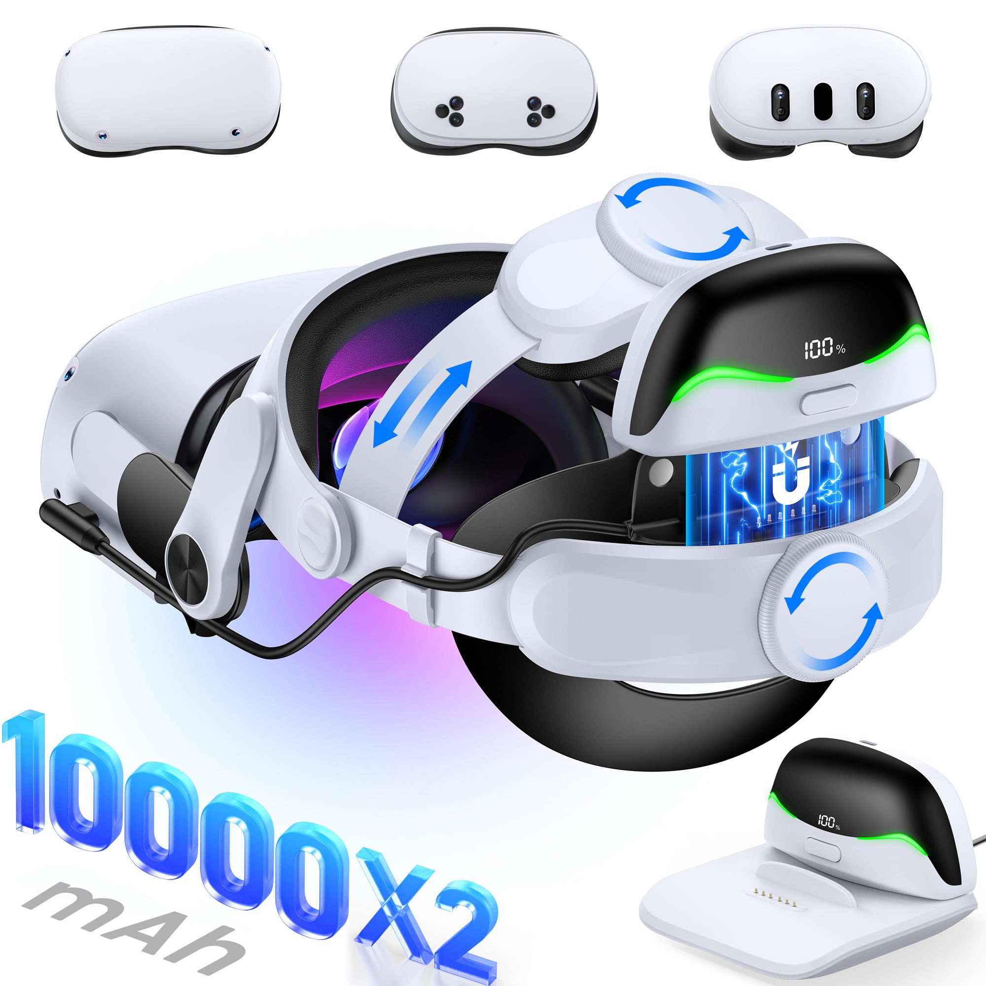 Battery Head Strap for Meta Quest 3/3S/2 with Magnetic, Detachable &amp; Hot-Swappable 10000mAh×2 Batteries and Charging Dock, Extends 6–10H Playtime, Comfortable VR Headset Strap - MQ4004