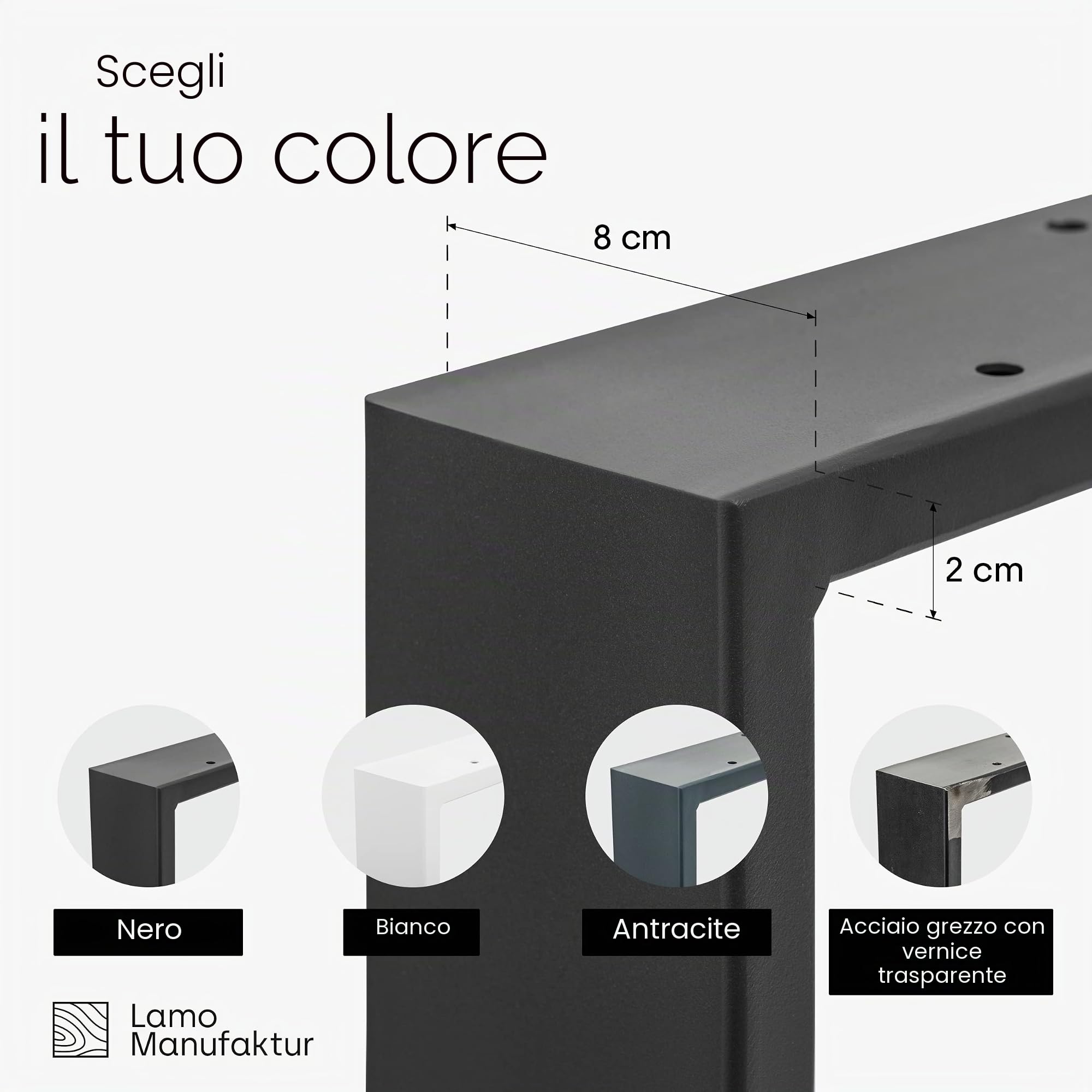 LAMO Manufaktur Gambe per tavolo da pranzo, scrivania, Simple Massive, profilo 80x20 mm, 50x72 cm (LxA), Nero, 2 pz., LTS-01-C-CC-9005