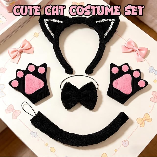 Foto 3 de 6 de WSOAFVK Conjunto Disfraz de Gato Negro 4 Piezas, Conjunto de Cosplay de Gato, con Diadema de Orejas, Cola