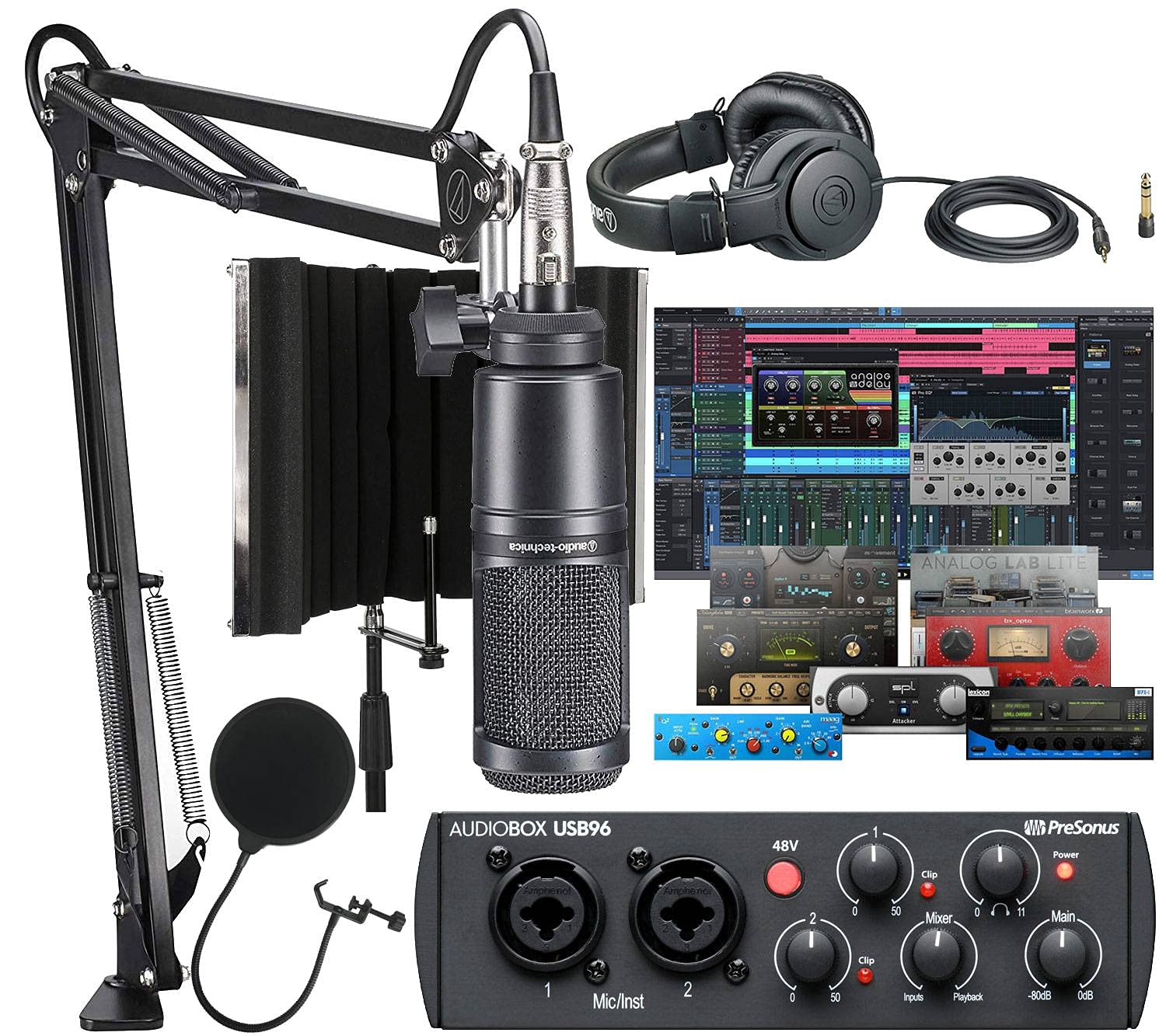 Presonus AudioBox 96 USB 2.0 Audio/Midi Interface w/Studio One Artist DAW Software, Audio-Technica A