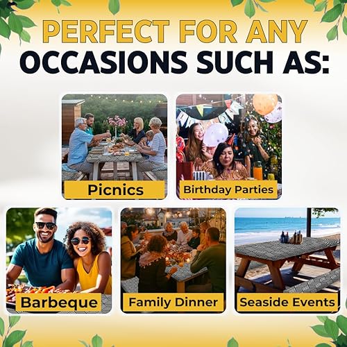 Miniatura 7 de RNOONY - Cubierta de mesa de picnic de 8 pies de poliéster con fundas para banco, resistente al viento y al agua, mantel perfecto para regalos de