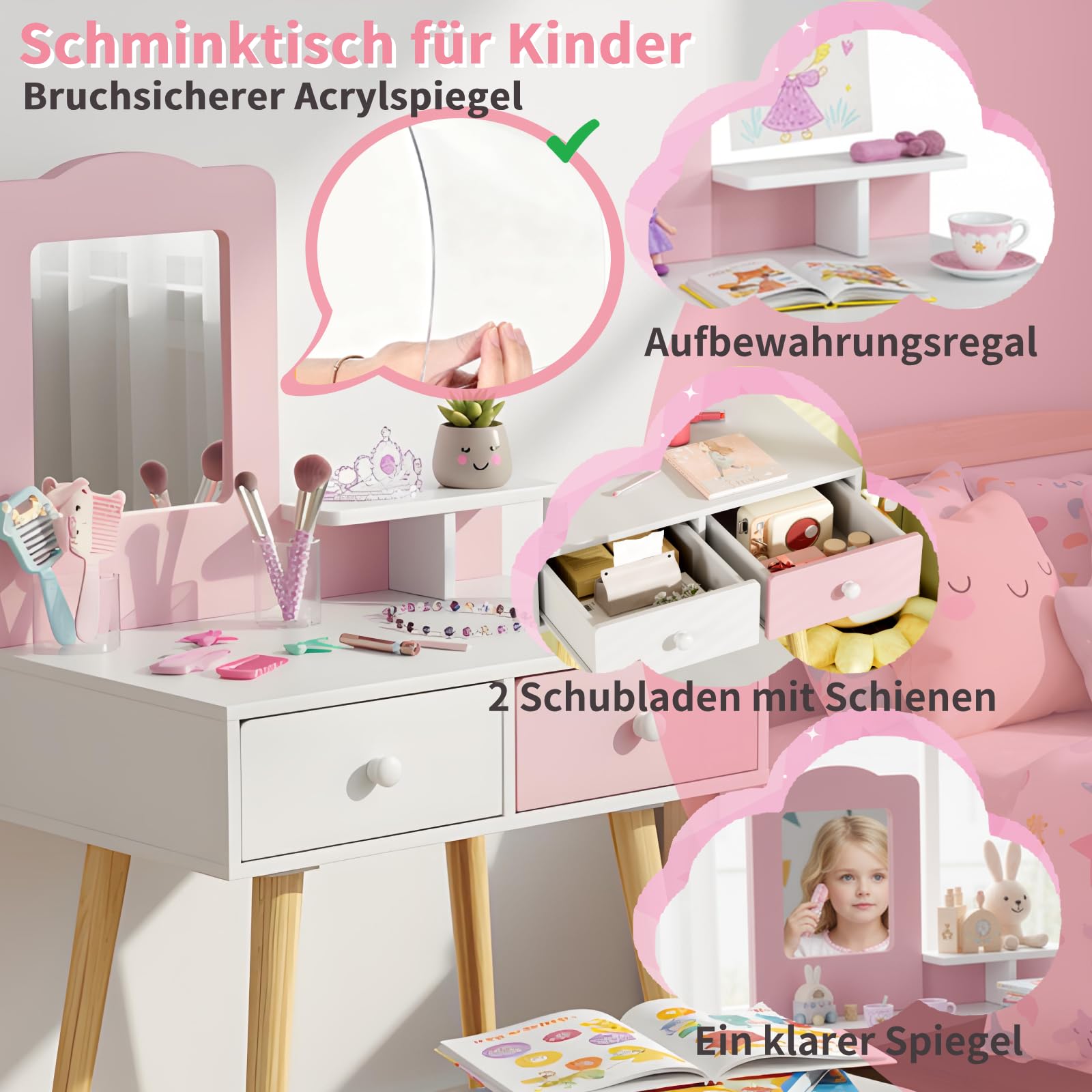 Clevich 2 in 1 Schminktisch Kinder Set, Prinzessin Frisiertisch mit Abnehmbarem Spiegel, 2 Schubladen, Schreibtisch Holz mit Hocker, für Kinder von 3 bis 8 Jahren, Rosa