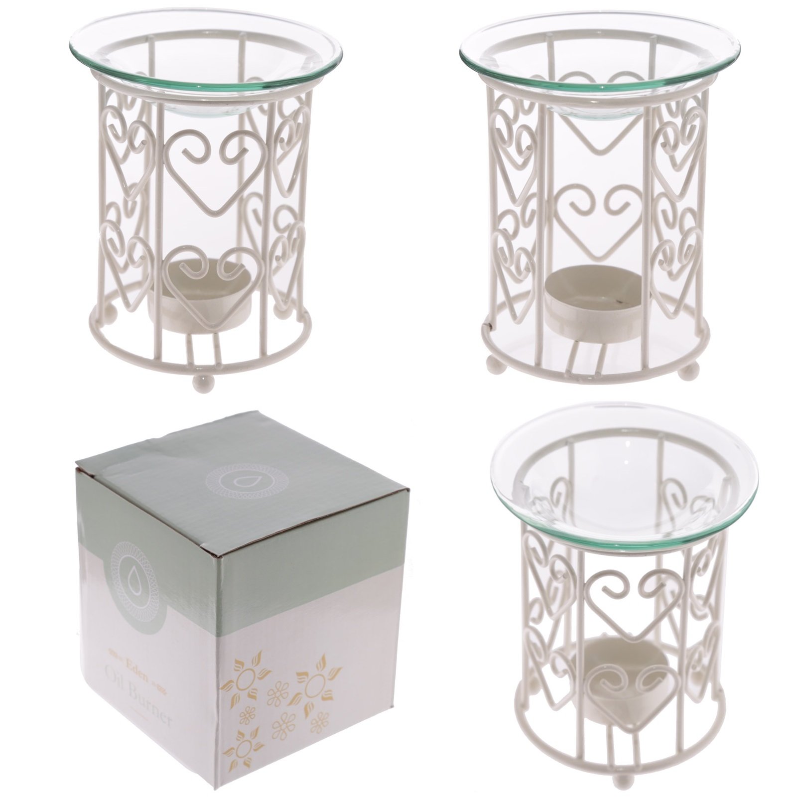 Puckator White Metal Oil Burner With Glass Dish - Love Hearts
