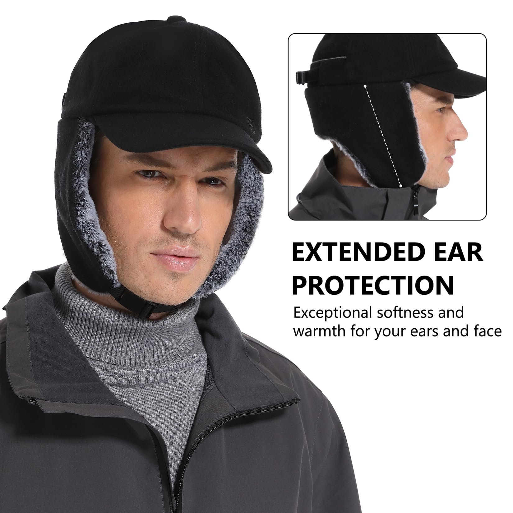 GADIEMKENSD Casquette de Baseball en Laine d'hiver Unisexe avec Rabats d'oreille doublés de Fausse Fourrure Chapeau de Trappeur avec Ligne réfléchissante