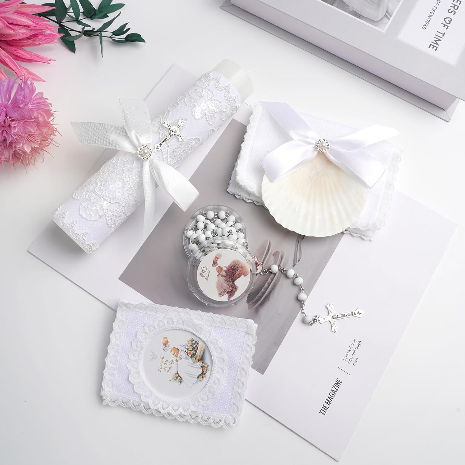 Baptism Candle Set for Boys Girls,5 PCS Baptism Kit Catholic Candle,Baptism Towel,Baptismal Shell,Rosary,Bible for Baby Dedication Christening Gift,Velas para Primera Comunión De Niño Bautizo De Niña