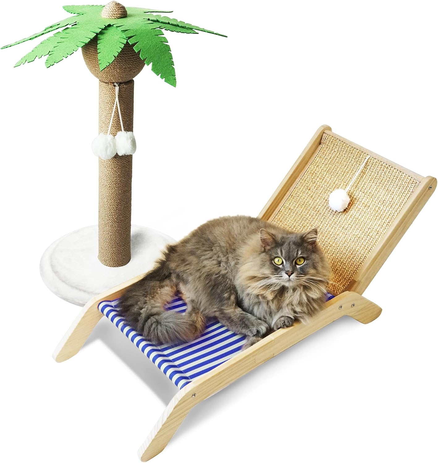 PETKARAY Cat Hammock with Coconut Palm Tree Scratching Post, Cozy Beach Chair Elevated Cat Beds, Original Lounger for Indoor Cats