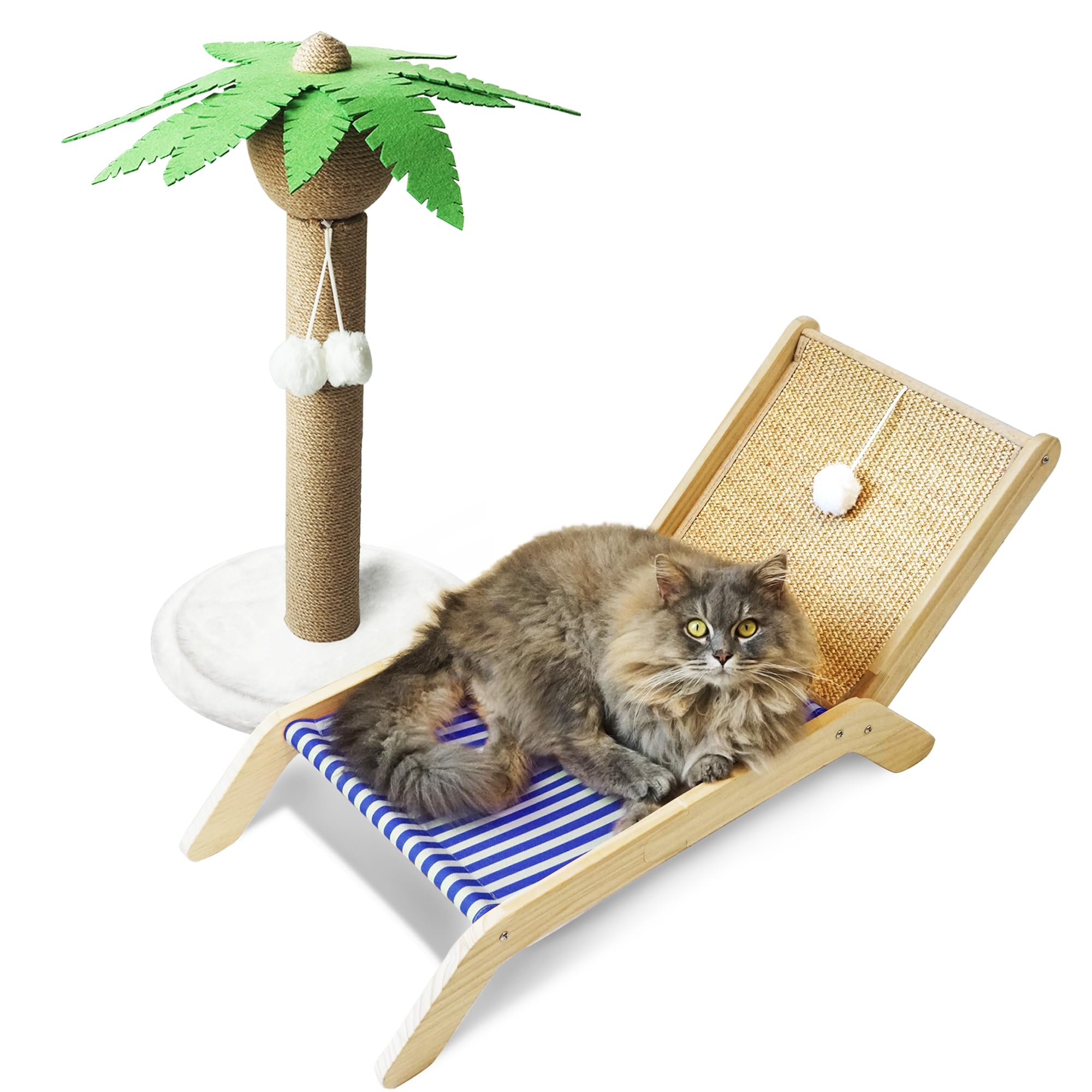 PETKARAY Hamaca para gatos con poste rascador de palmera de coco, acogedora silla de playa elevada, tumbona original para gatos de interior