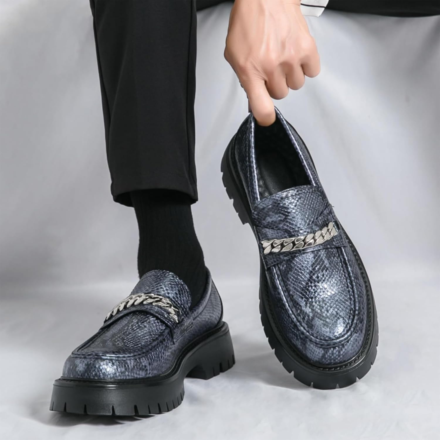 Men's Fashion Chunky Platform Penny Loafers Classic Leather Slip-On Lug Sole Business Work Dress Shoes Daily Non-Slip Shock Absorbing Casual Shoes Large Size 5.5-12
