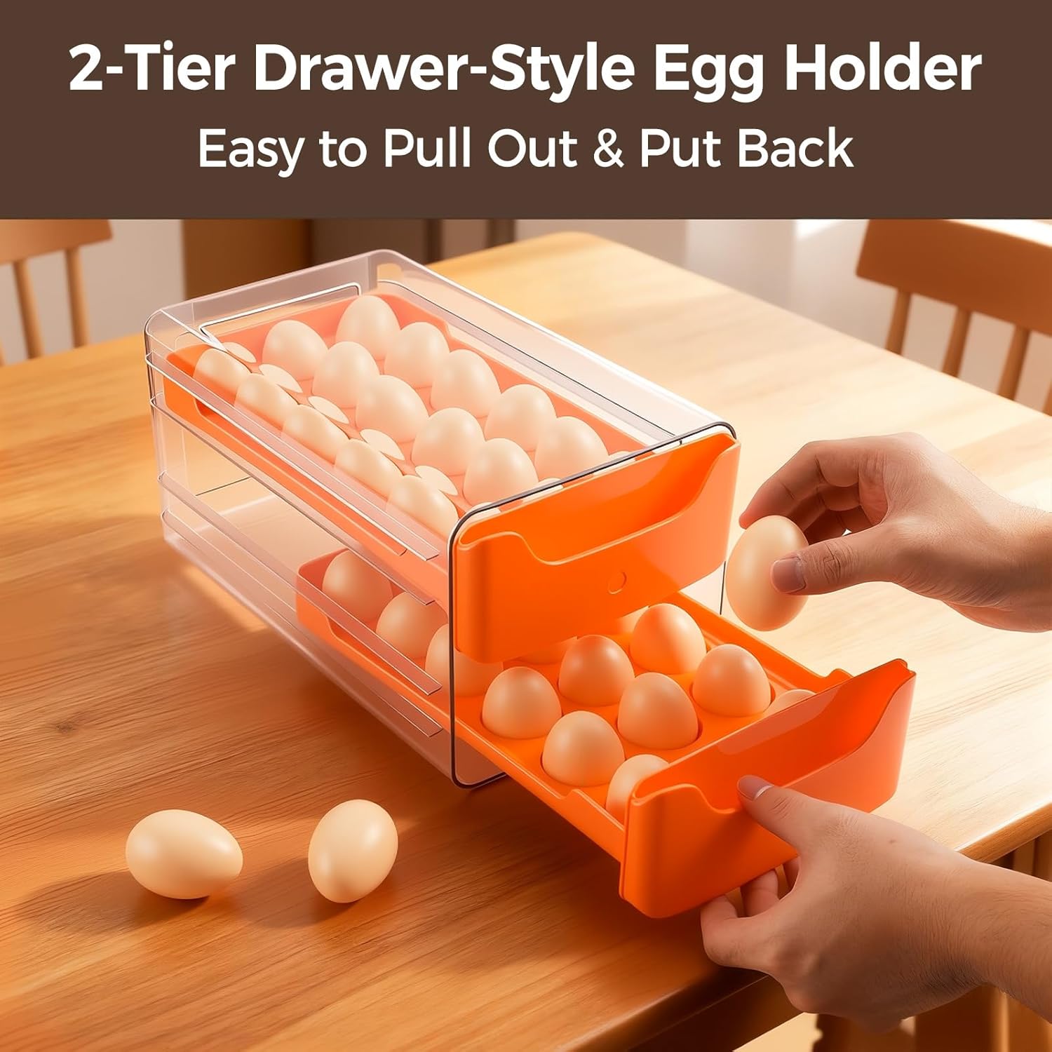 36-Egg-Holder for Fridge, Fits Large Egg, Egg-Storage for Refrigerator Countertop, 2 Tier Dispenser with Drawer, Stackable Clear Egg Tray Container, Egg Organizer, Orange