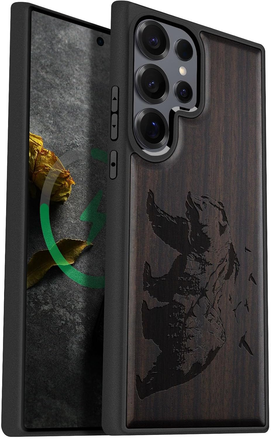Carveit Magnetic Wooden Case for Samsung Galaxy S25 Ultra Case 2025, TPU Shockproof Cover & Wood Artisan Engraved, Compatible with MagSafe Wireless Chargers (Bear and Valleys) Rosy