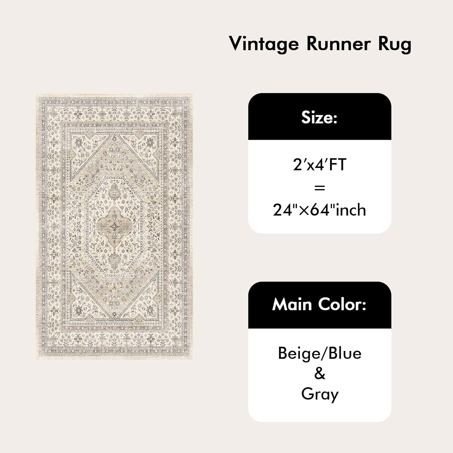 Washable 2x4 Runner Rug for Entryway: Non Slip Kitchen Rugs with Rubber Backing Soft Pet-Friendly Mats Stain Resistant Low Pile Carpet for Hallway Bedroom Bathroom Laundry Home Decor Beige/Gray