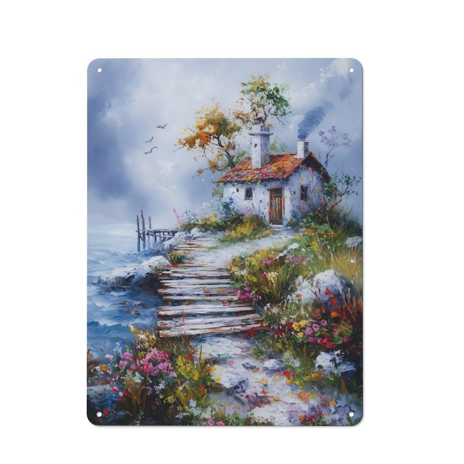 Junmoney Coastal Cottage Painting Vintage Metal Sign 40X30cm For Pub Or Café, For Collectors Of Vintage Metal Wall Decor