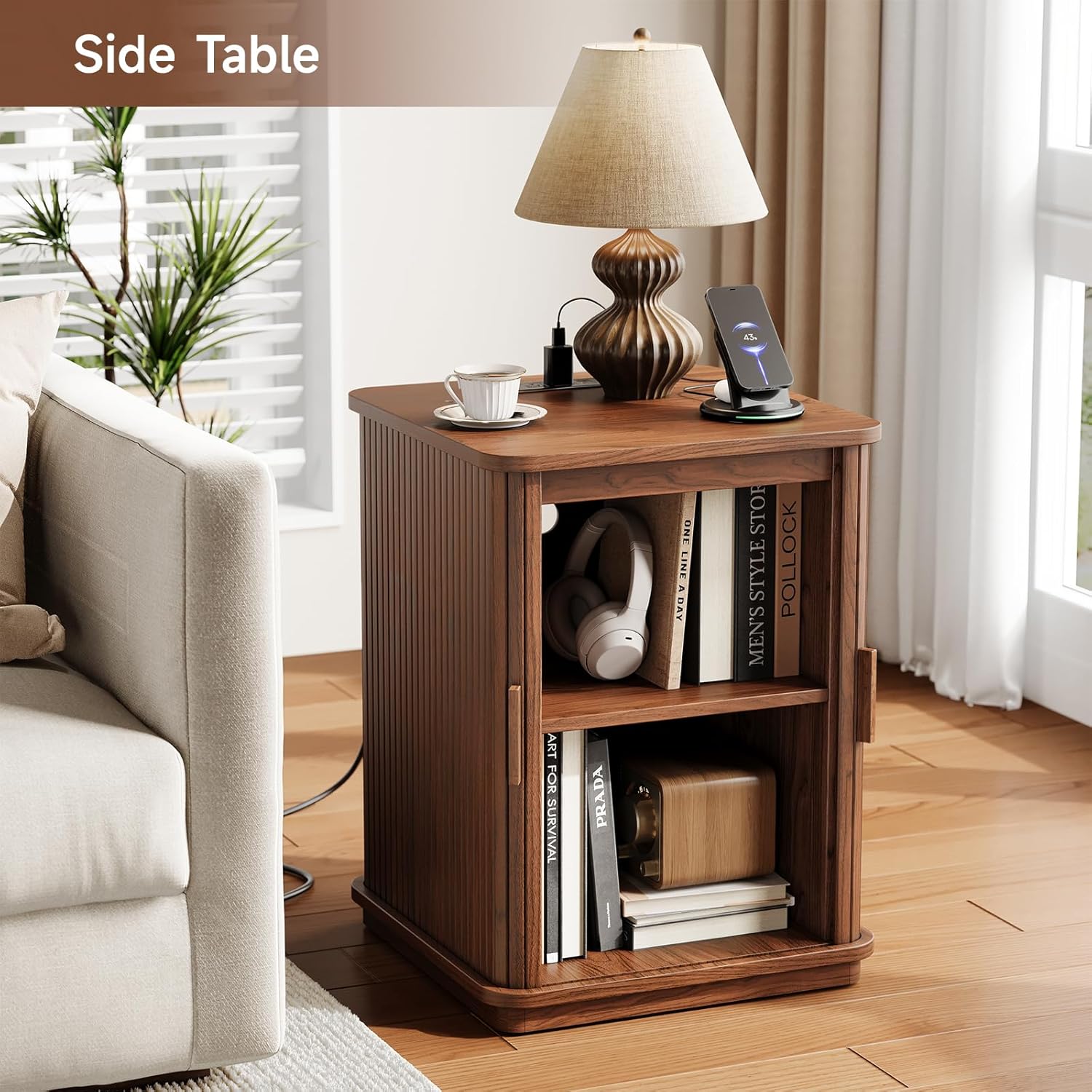 ONBRILL Square End Table with Storage & Charging Station, Fluted Accent Side Table with Sliding Door & Sturdy Pedestal, Mid-Century Modern Nightstand for Small Space, Living Room, Bedroom, Walnut