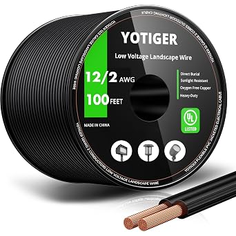 YOTIGER 12 Gauge Low Voltage Landscape Wire 100FT, 12/2 Low Voltage Landscape Lighting Wire, 12AWG 2 Conductors Copper Wire Direct Burial Electrical Wire for Accent, Path, Spot Lights, UL Listed