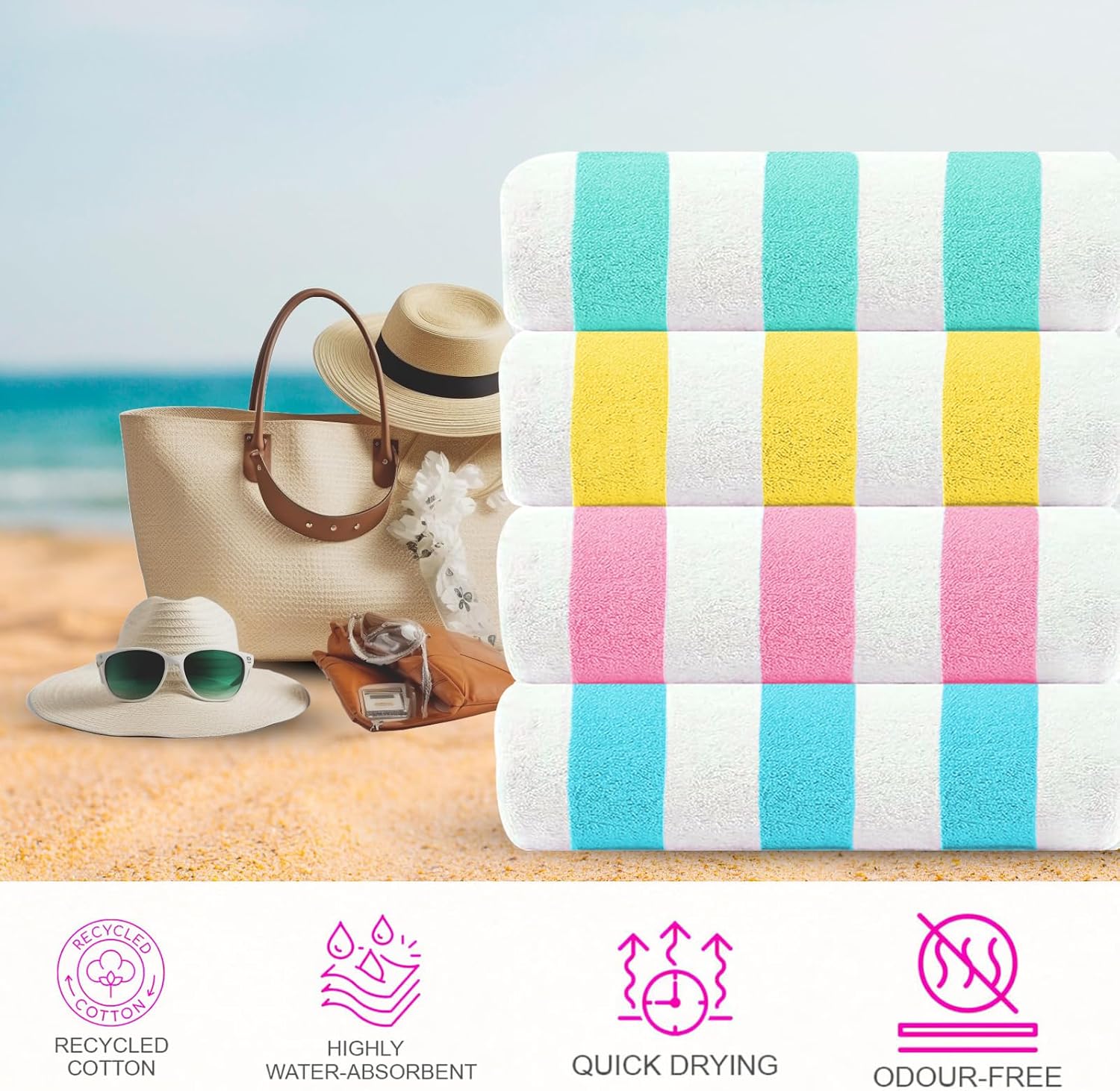 CASA COPENHAGEN Cabana Beach Towel Designed in Denmark Rough and Tough, Quick Dry, Beach, Pool, Bath & Shower 30x60 inches 4 Pieces Cotton Beach Bath Towels Set - Teal, Lemon, Pink, Water Blue