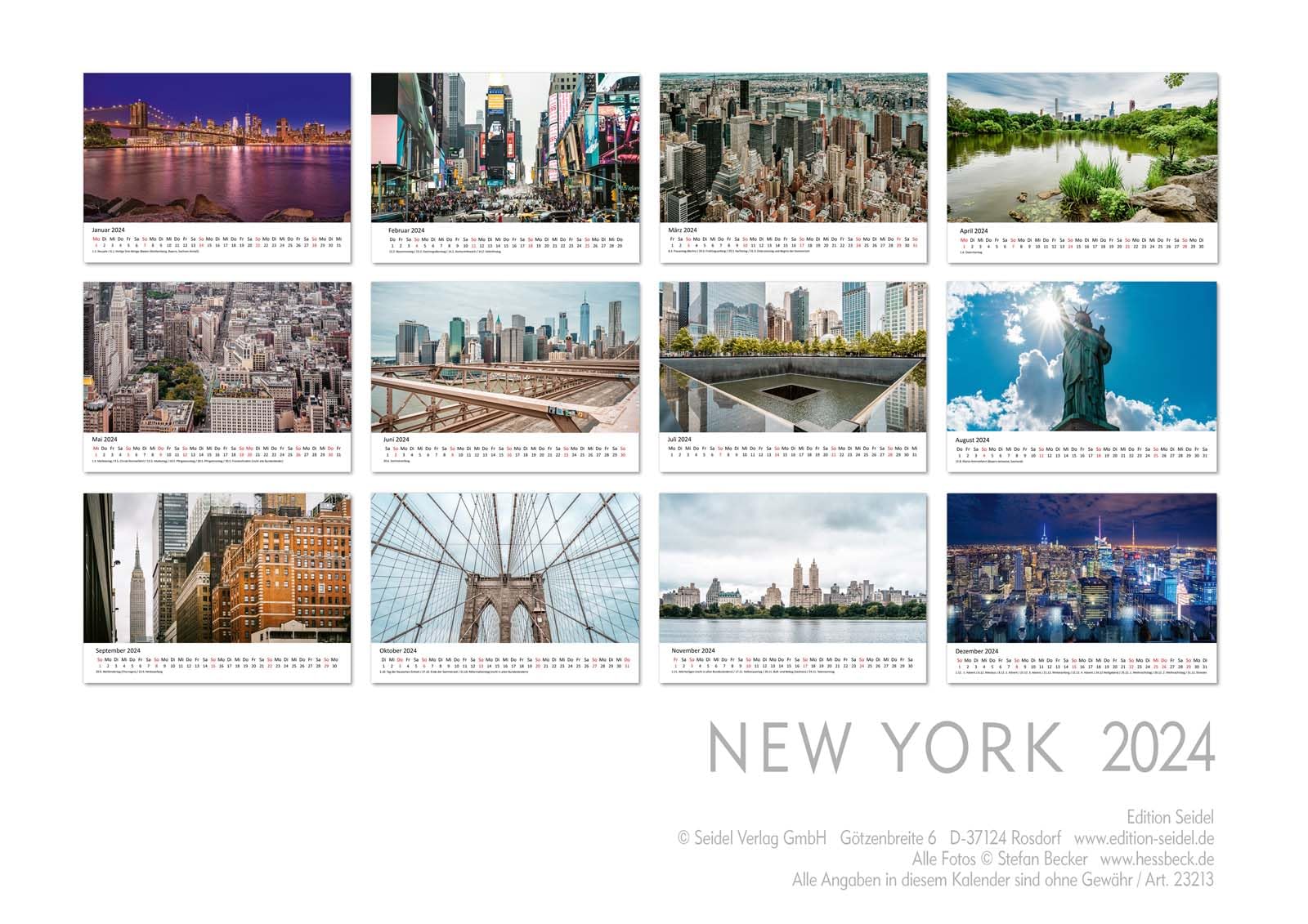 Calendario De Pared Nueva York 2026, Formato DIN A3, Edition Seidel, Fotos De Stefan Becker, Papel De 170g, Encuadernado En Espiral