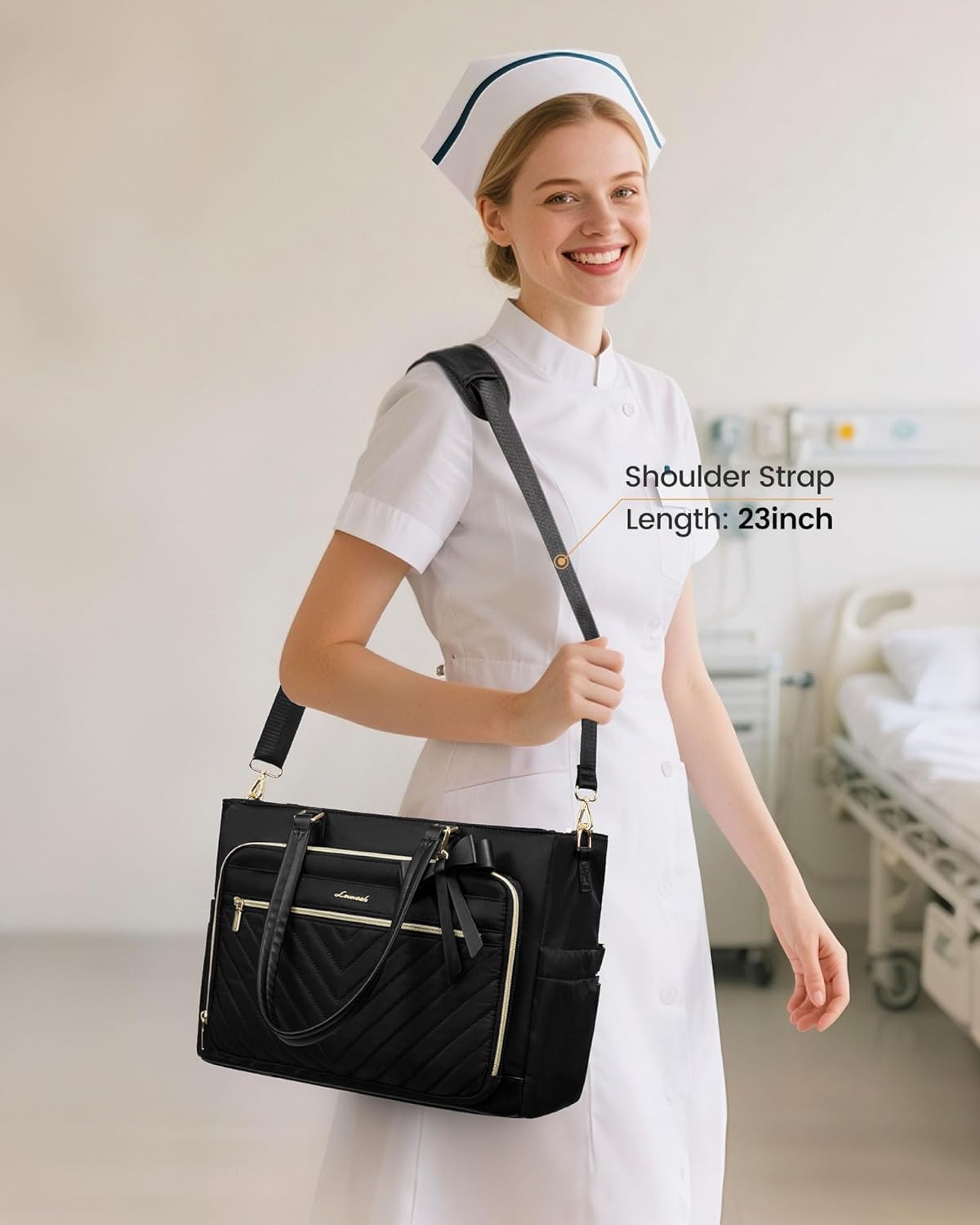 LOVEVOOK Laptop Tote Bag for Women, Insulated Lunch Bag, Large Capacity Teacher Nurse Bag for Work with Large Cup Holder Water Resistant, Womens Crossbody Handbags fit 16.3 Inch Laptop, Black