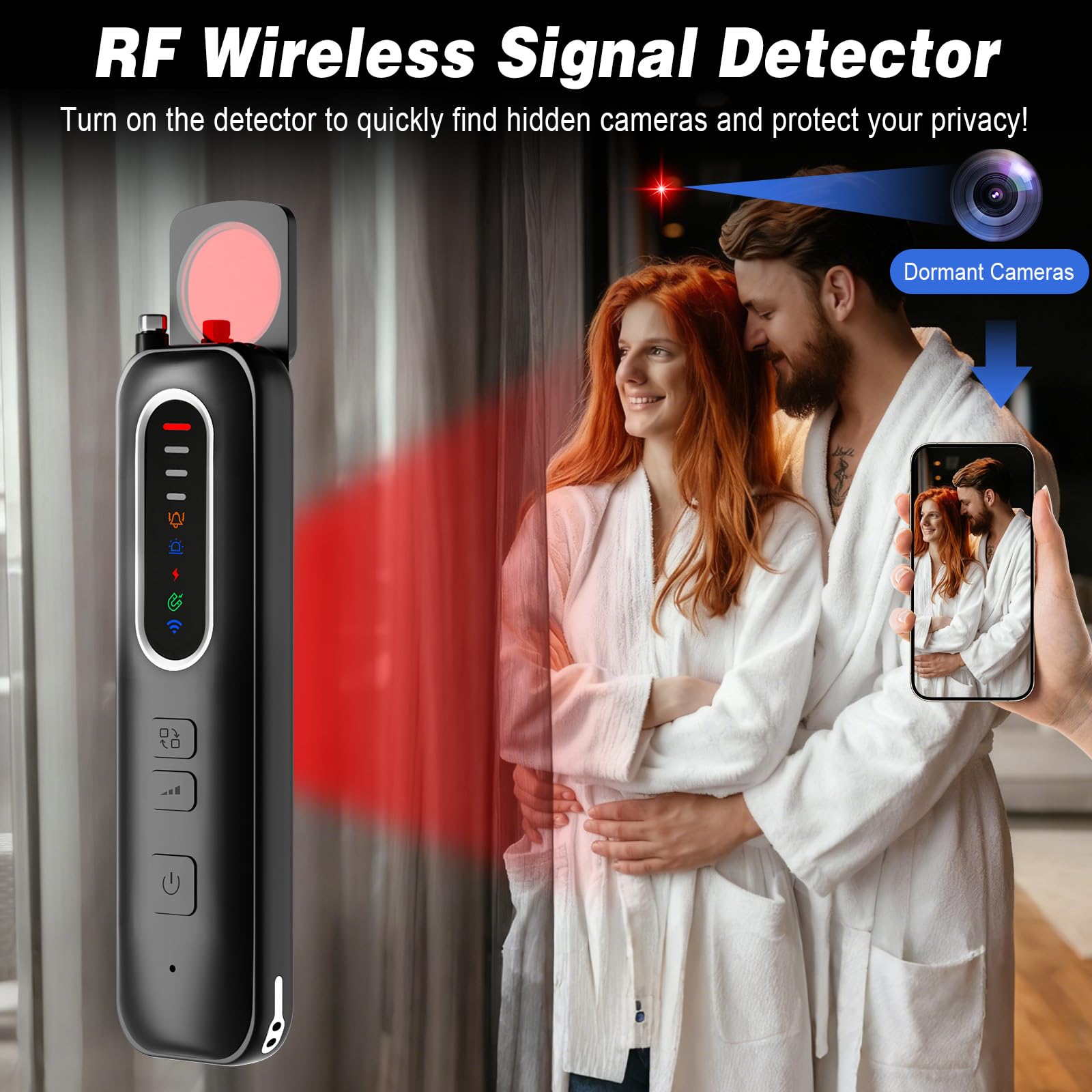 Rilevatore Microspie, Detector Telecamere Nascoste, Rilevatore di Cimici e microspie con 4 Livelli di Sensibilità per Casa, Hotel, Viaggi