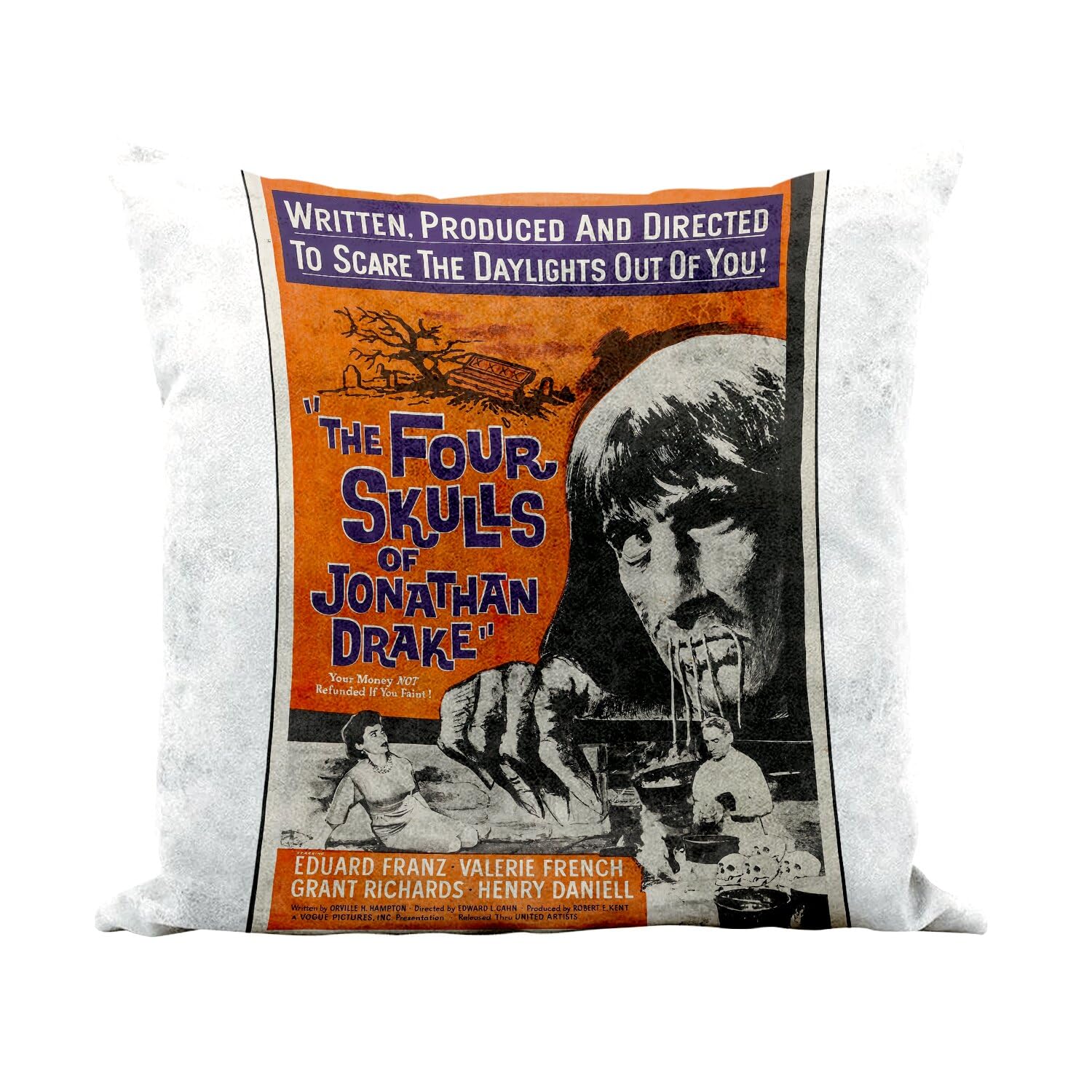 Coussin Four Skulls en similicuir blanc 40x40 cm avec motif affiche cinéma retro