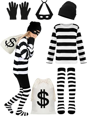 QZYL Kids Robber Cosplay Set, Black and White Striped Shirt Beanie Cap Bag Mask Socks Set for Halloween Cosplay Burglar