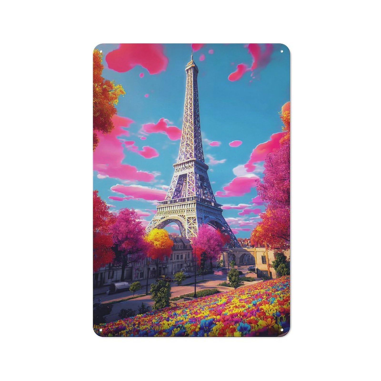 Junmoney Paris Eiffel Tower In Spring Tin Wall Plaque 30X20cm With For Man Cave Or Games Room, For Garage, Workshop And Man Cave Decoration