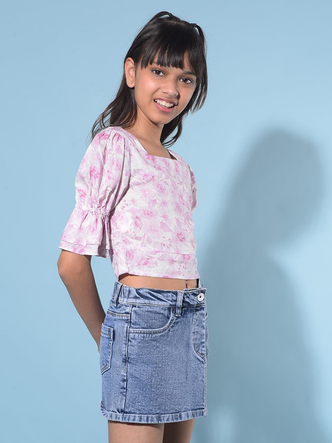 Crimsoune Club Girl's Pink Floral Print Crop Length Linen Top (9-10Y) 1