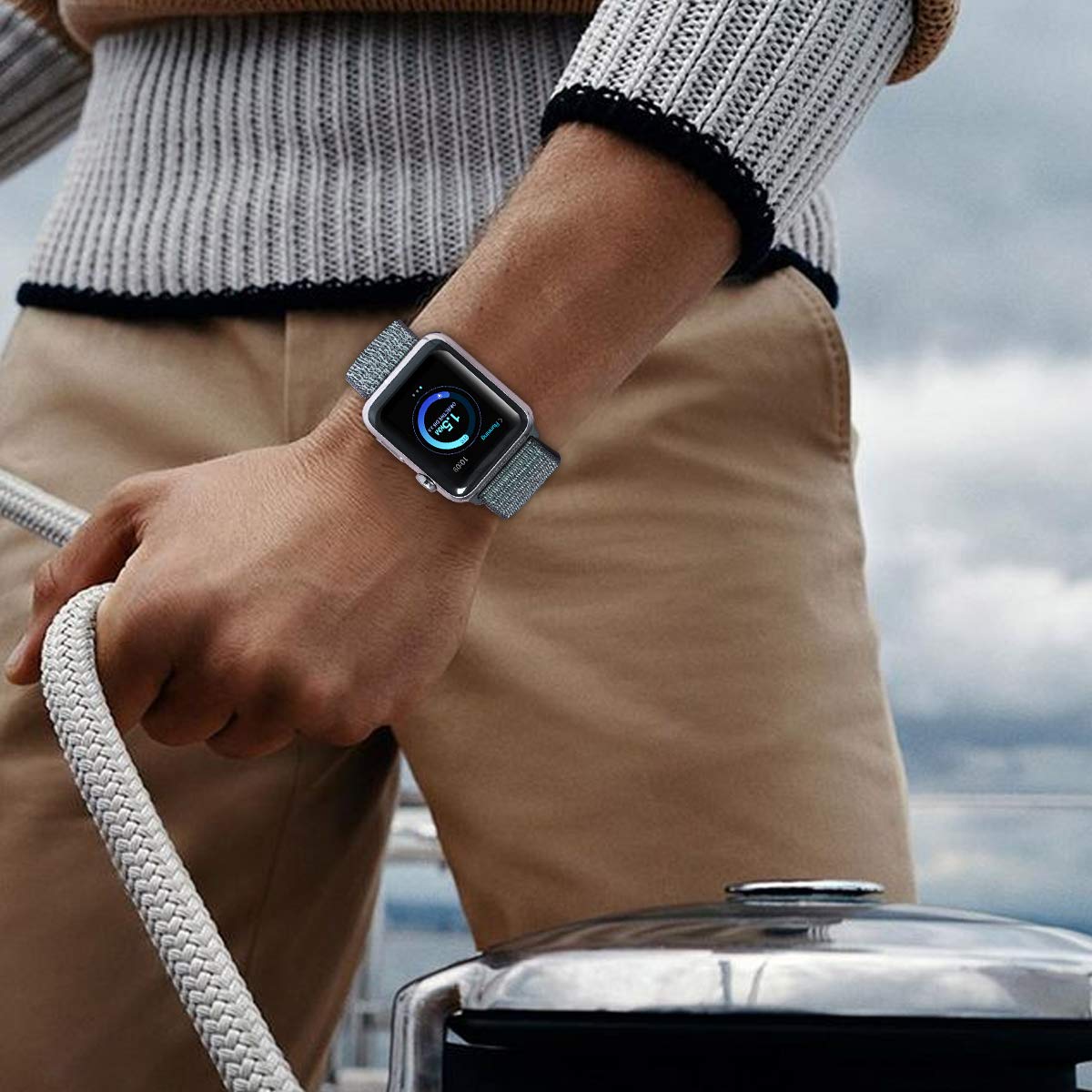 Correa deportiva compatible con Apple Watch de 49 mm, 45 mm, 44 mm, 42 mm, 41 mm, 40 mm, 38 mm, nailon elástico trenzado transpirable para iWatch Series 9, 8, 7, 6, 5, SE, 4, 3, 2, 1, 3-Negro, azul y