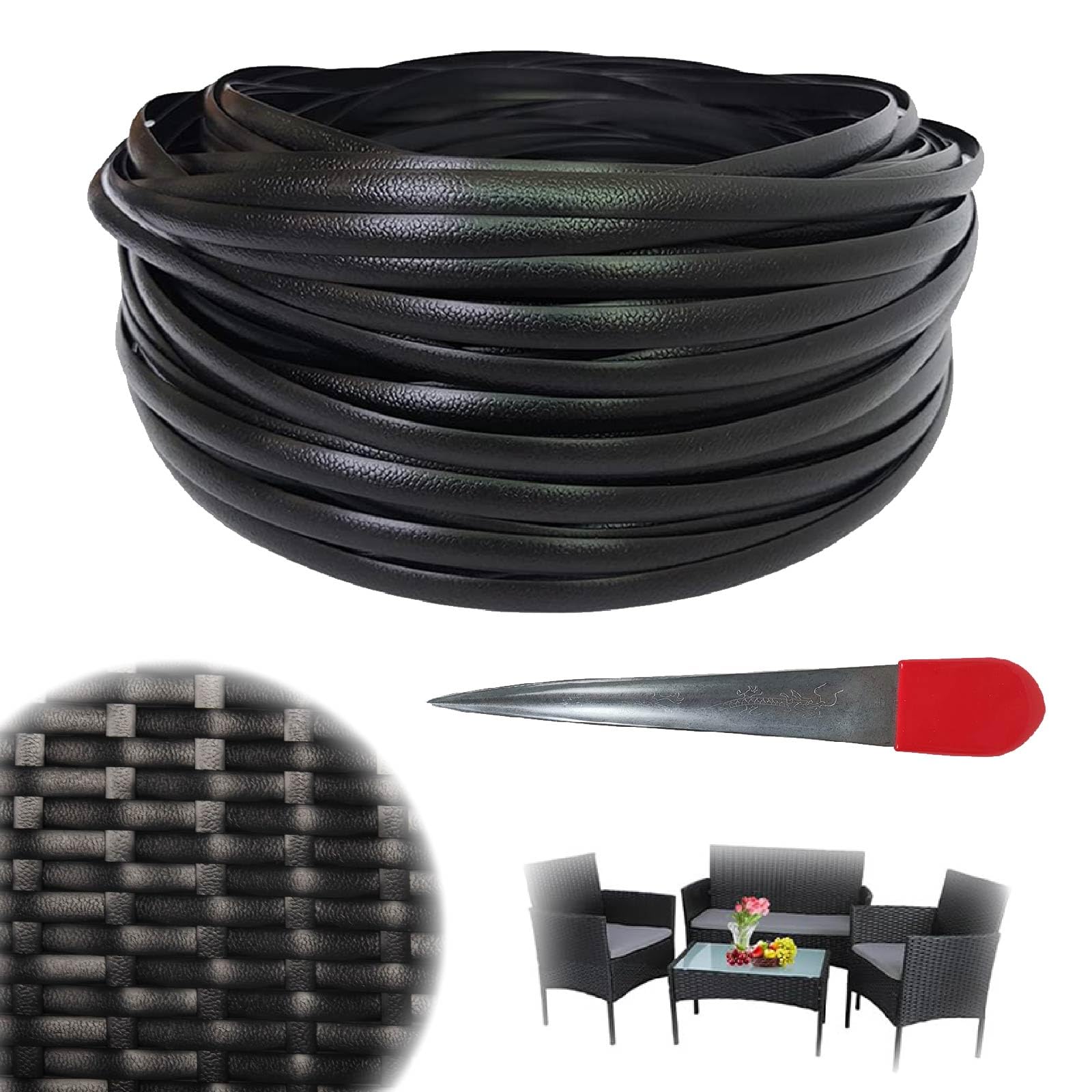 Crafthaven 65m/213ft PE Rattan Repair Kit, Plastic Rattan Roll with Weaving Tool, Synthetic-Rattan Material, RepairKit for Woven Wicker Outdoor Garden Furniture Set Table Chair Sofa (Black)