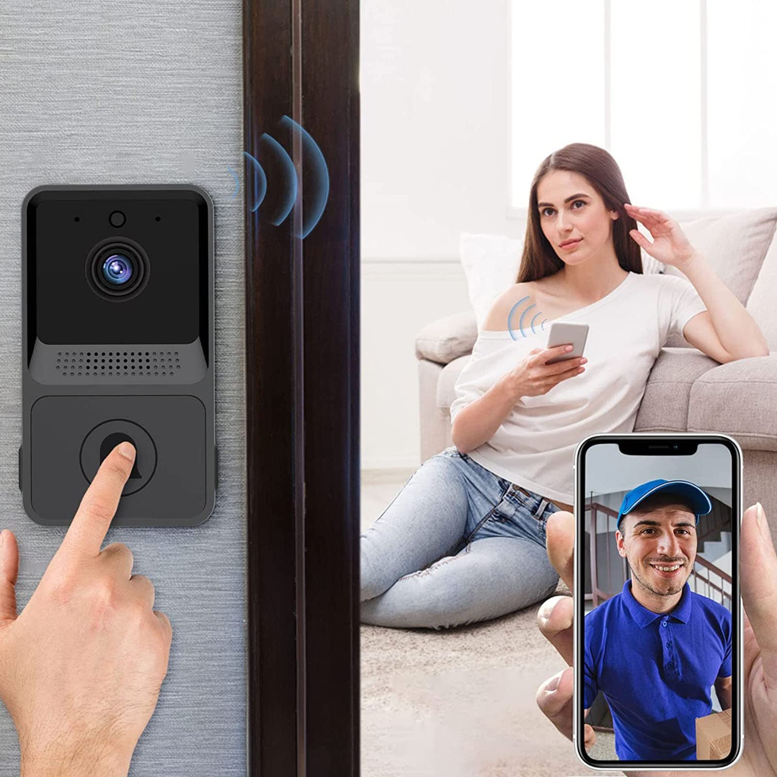 Sonnette Vidéo sans Fil, Sonnette Connectée Compatible Alexa Fonctionnant avec Google Assistant, Sonnette Connectée sans Fil 1080p Camera avec Batterie, Audio Bidirectionnel, PIR & Vision Nocturne