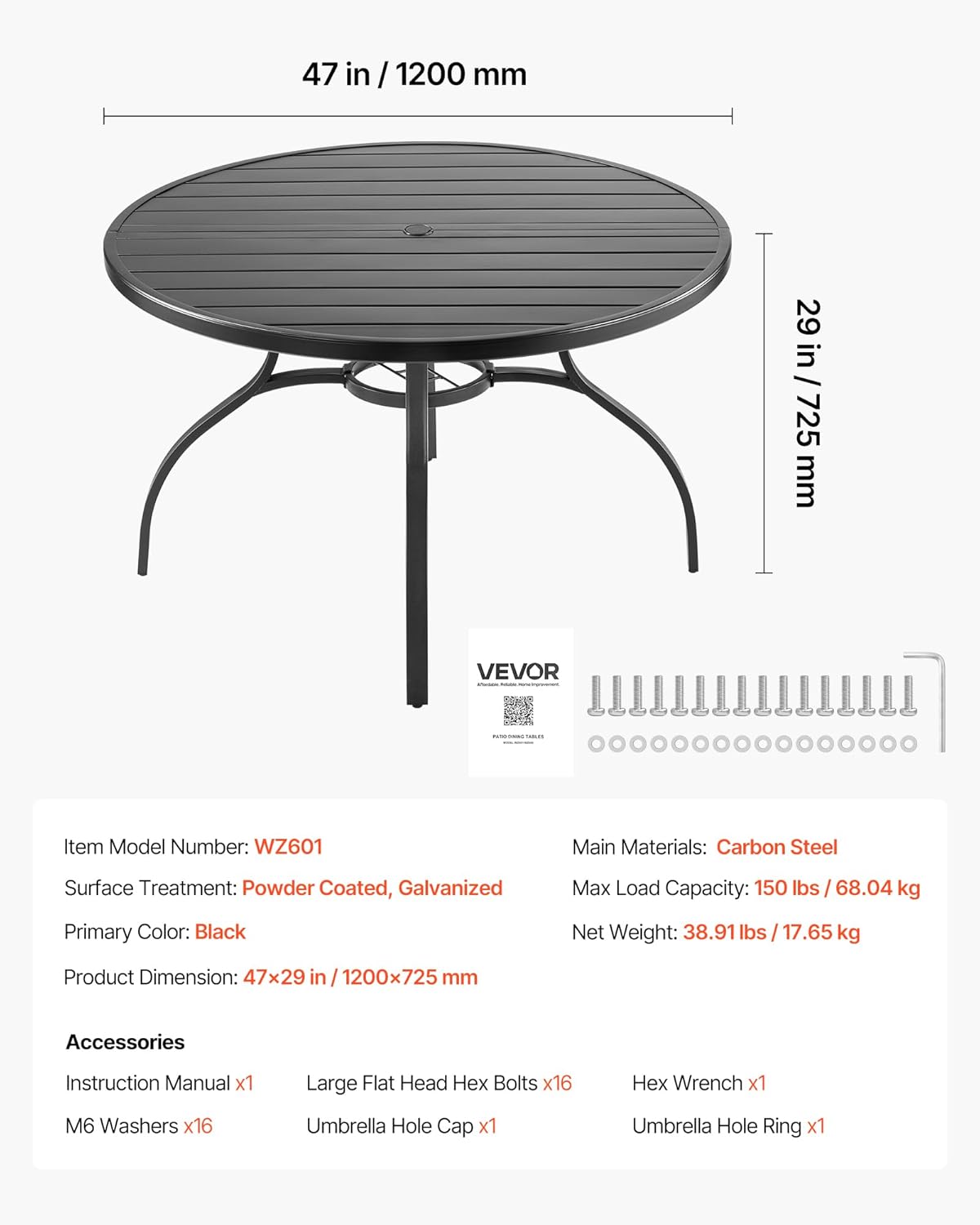 VEVOR Outdoor Patio Dining Table, 47 inch Round Metal Steel Slat Backyard Bistro Tables, with 1.5 in Umbrella Hole, Outside All-Weather Large Furniture for Lawn Garden Porch, Black