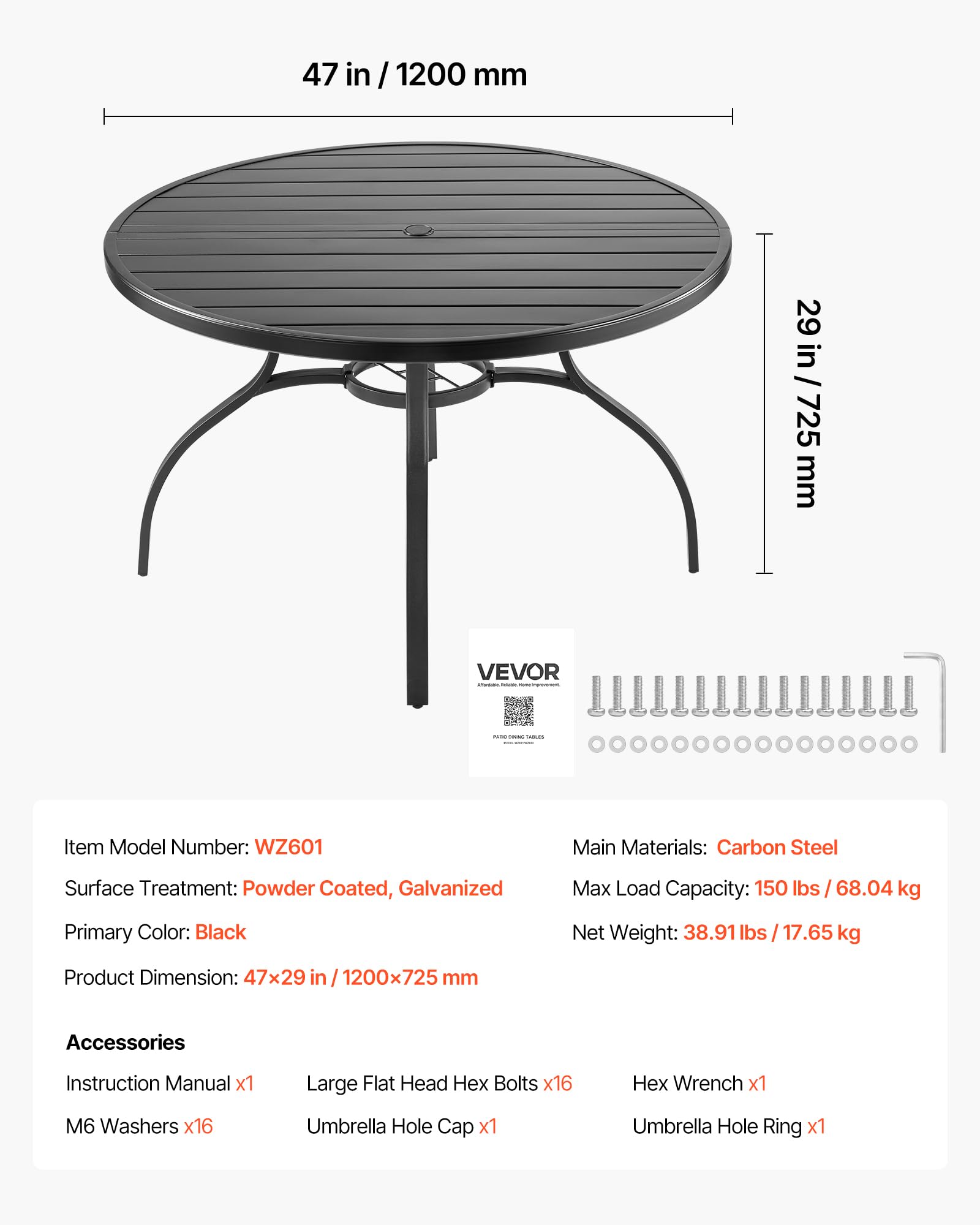 VEVOR Terrassentisch Gartentisch Balkontisch (1200 x 725 mm) aus Kohlenstoffstahl runder Esstisch für Outdoor Hof Terrasse Garten Veranda, wasserfest, mit 38 mm Schirmloch, 68 kg Tragkraft Schwarz