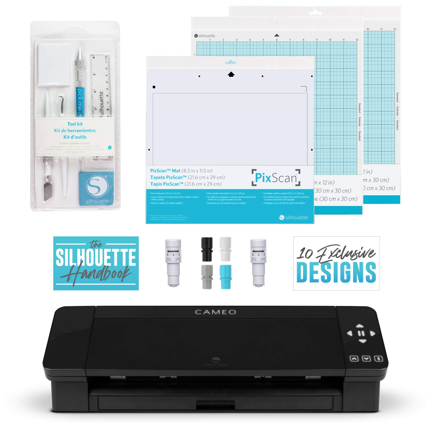 Silhouette Cameo 4 Extras Bundle with Extra AutoBlade, Tool Kit, Cutting mat and PixScan. Silhouette Handbook,10 Extra Designs - Black Edition