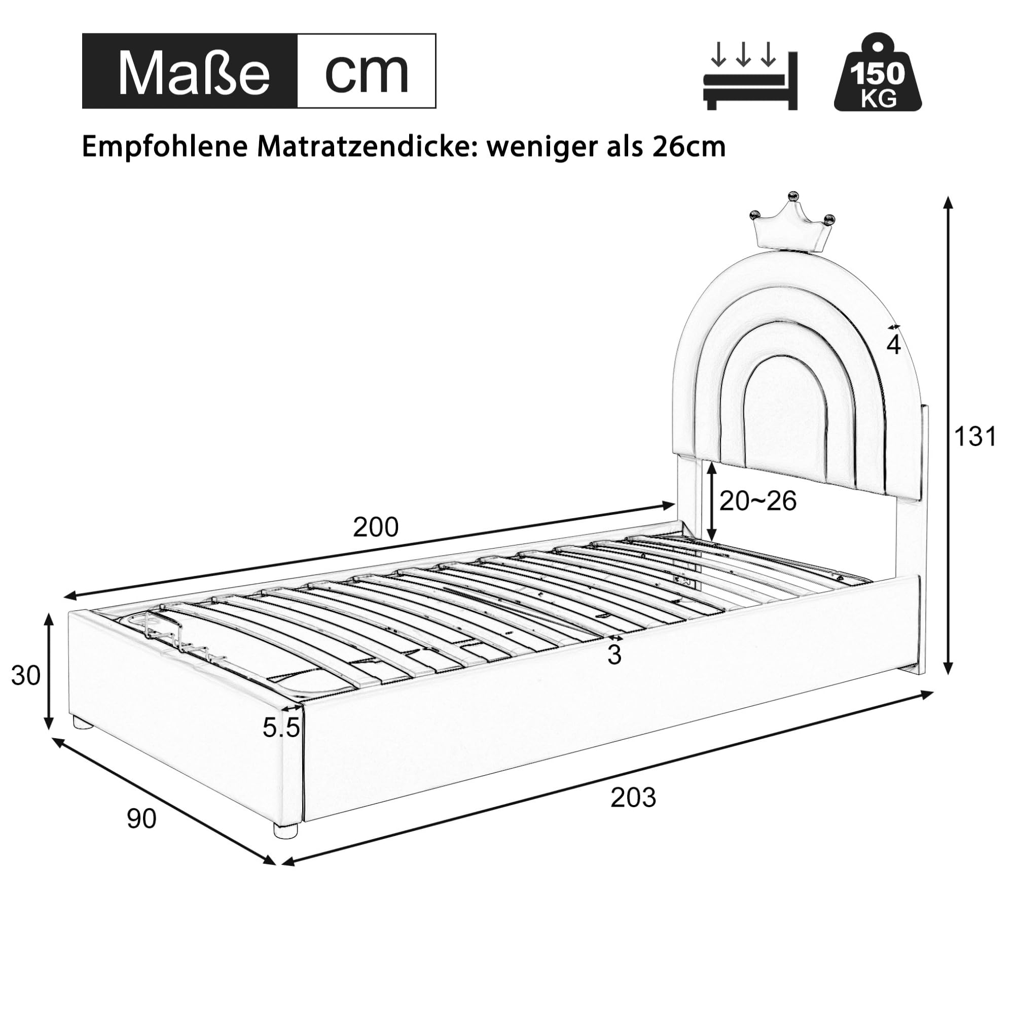 NLDGR Gestoffeerd bed voor kinderen, 140 x 200 cm, led-frame met bloemenhoofdeinde en lattenbodem, tweepersoonsbed met schuifladen