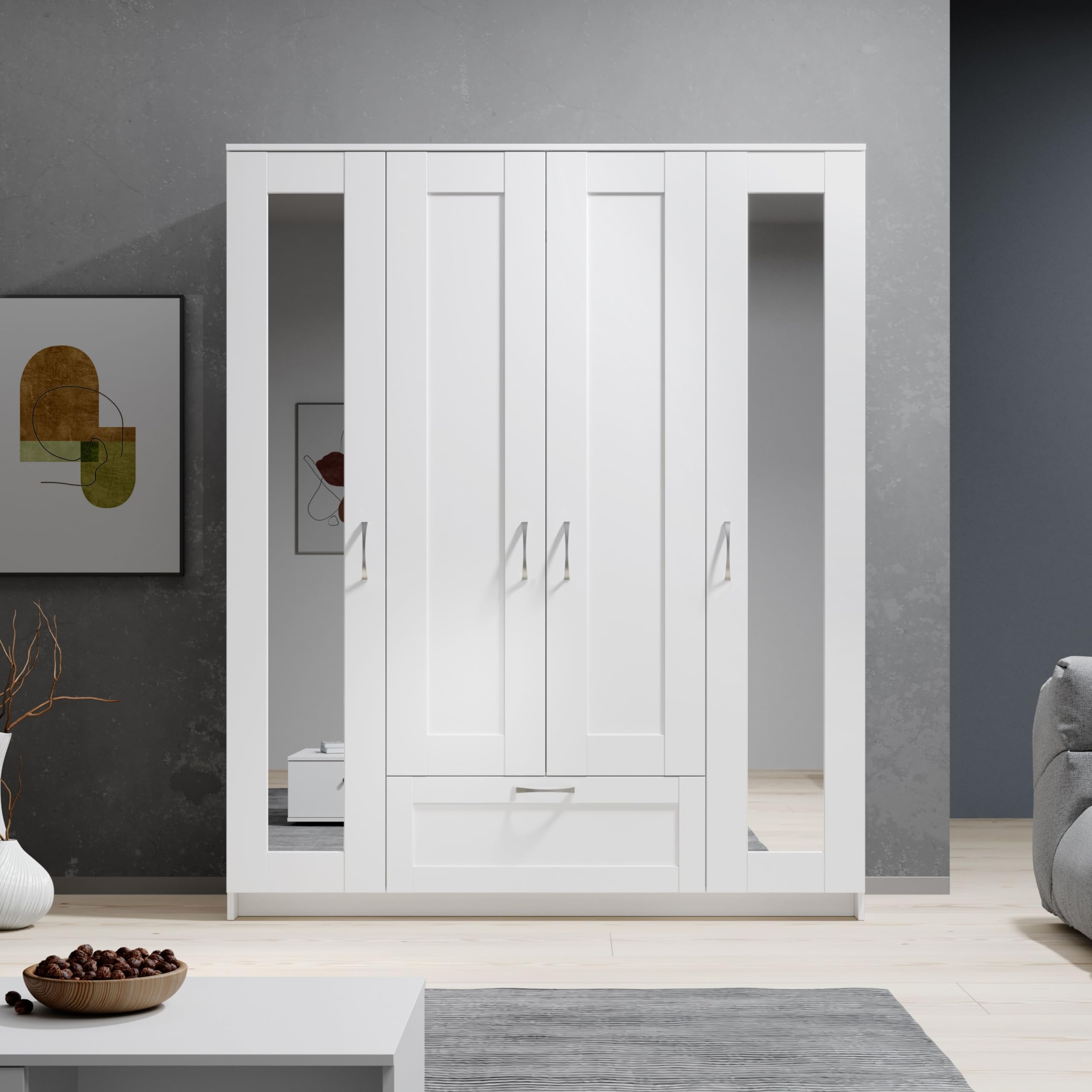 LEPINI Kleiderschrank Schrank Drehtürenschrank mit Spiegeltüren Weiß