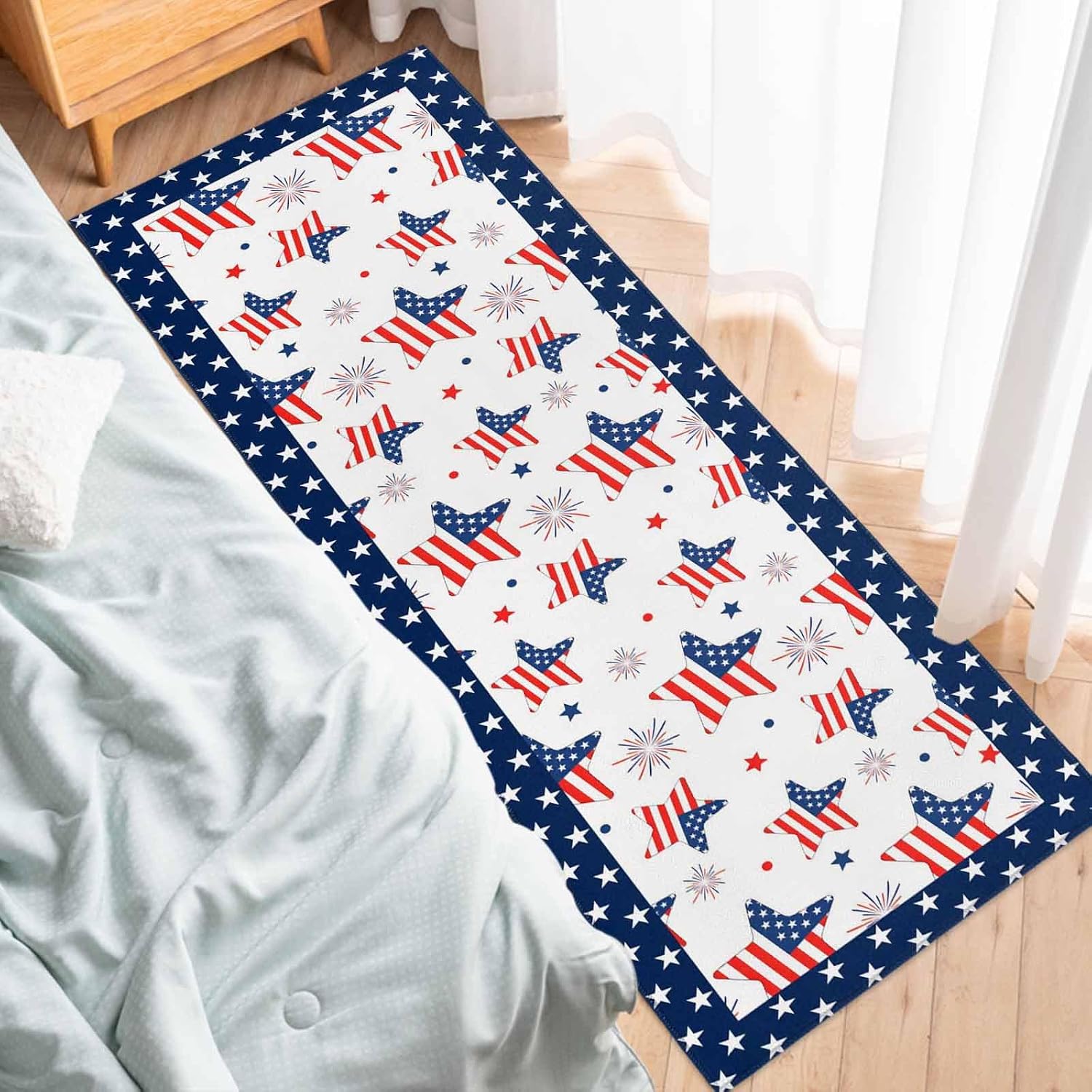 Kitchen Mats for Floor Independence Day Patriotic Stars Washable Non Slip Kitchen Rugs 1PCS, Red Blue Freedom Celebration Absorbent Standing Mats for Sink Bathroom Office Living Room 15.7x47.2in