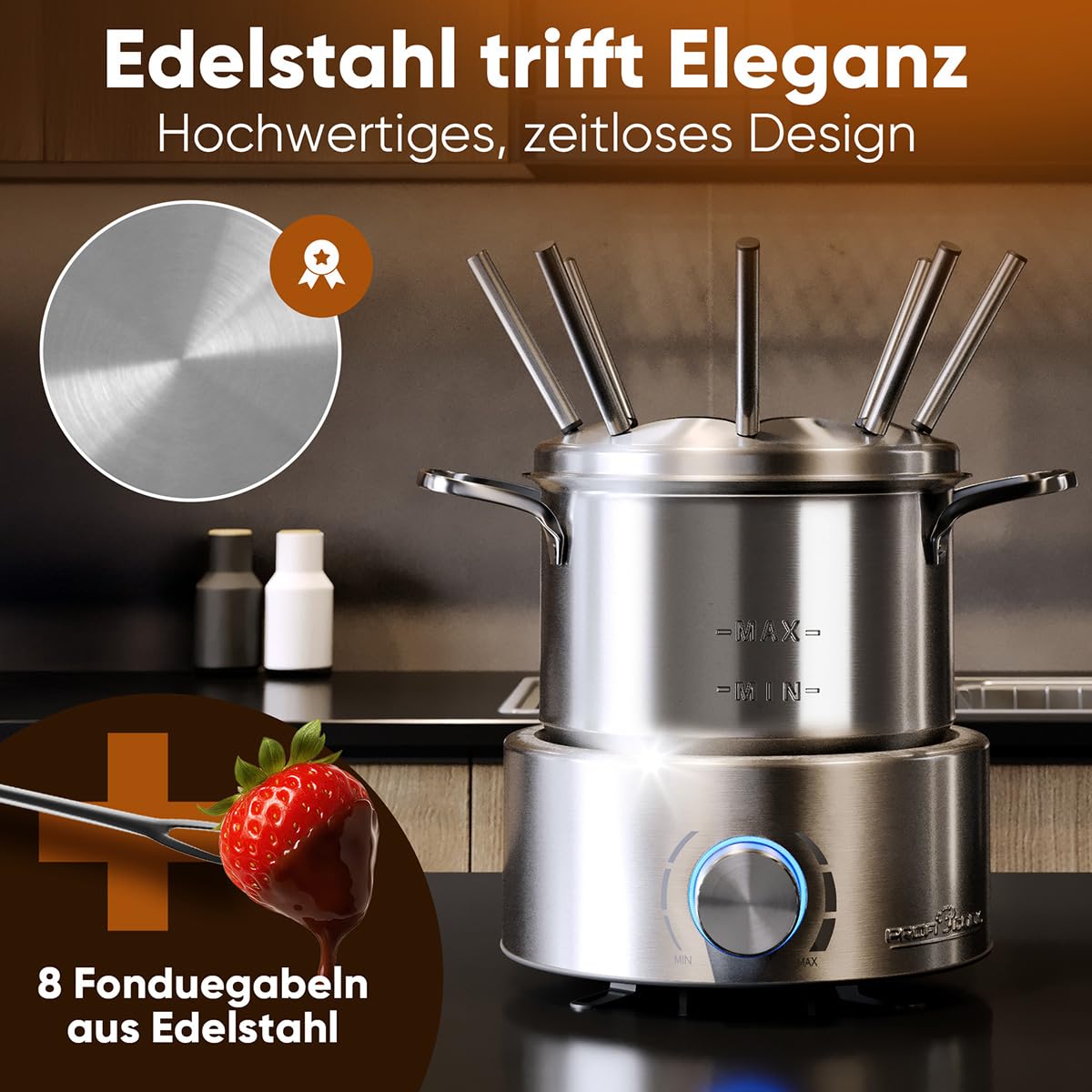 ProfiCook® Fondue elektrisch | für Öl-Fondue, Schokofondue und Käsefondue | inkl. 8 Fonduegabeln | 1,2 Liter | für bis zu 8 Personen | Fondueset Edelstahl | 800W | PC FD 1288