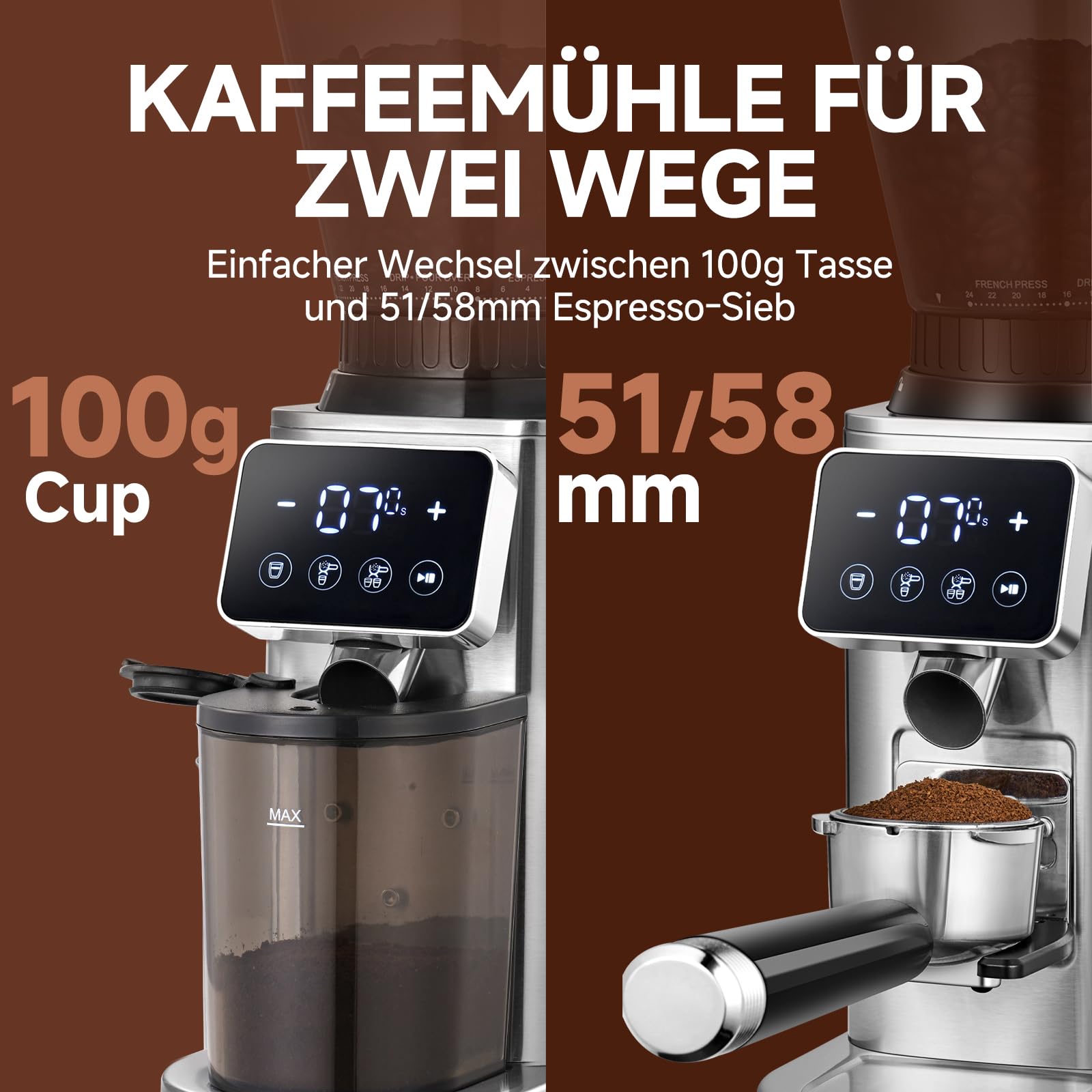 AMZCHEF Kaffeemühle Elektrisch mit 48 Mahlgraden, Antistatik-System, Touchpanel，300g Bohnenbehälter, Edelstahlgehäuse, Kegelmahlwerk für Espresso, Filterkaffee